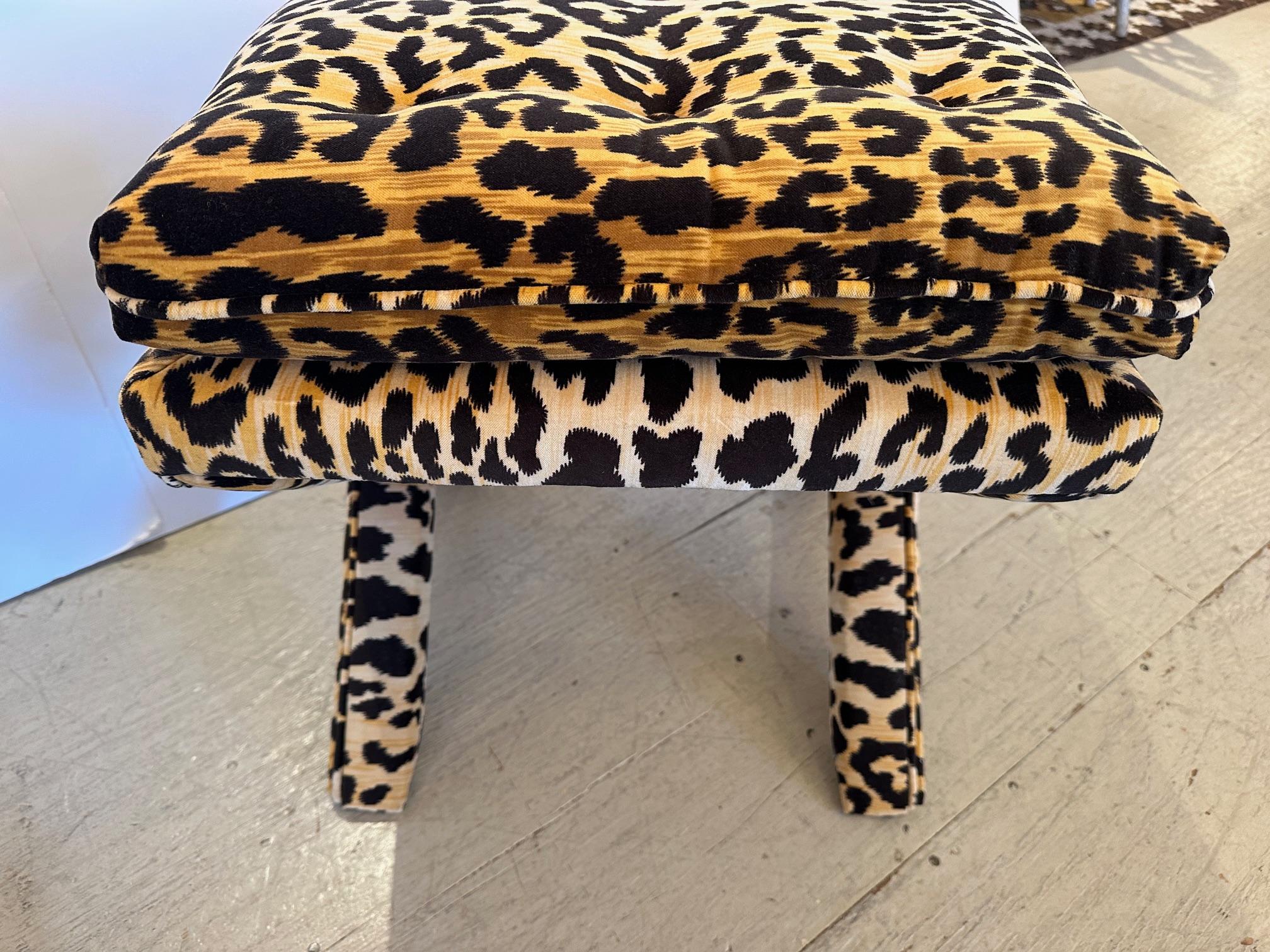 Super glam pair of velvet cotton upholstered X base benches having timeless leopard print.  By Massoud Furniture Co
