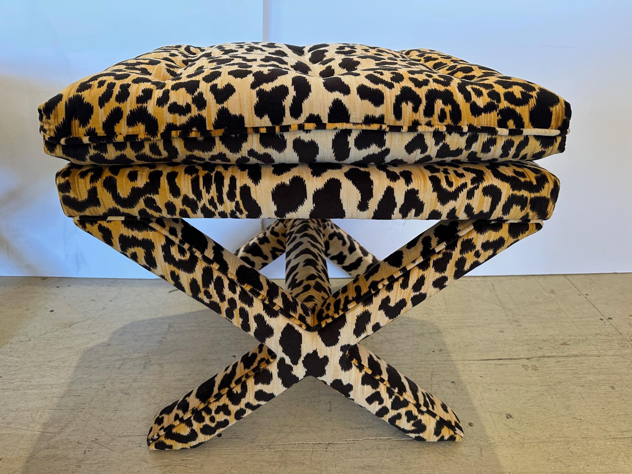 Moviestar Pair of Leopard Velvet Upholstered Benches In Good Condition In Hopewell, NJ