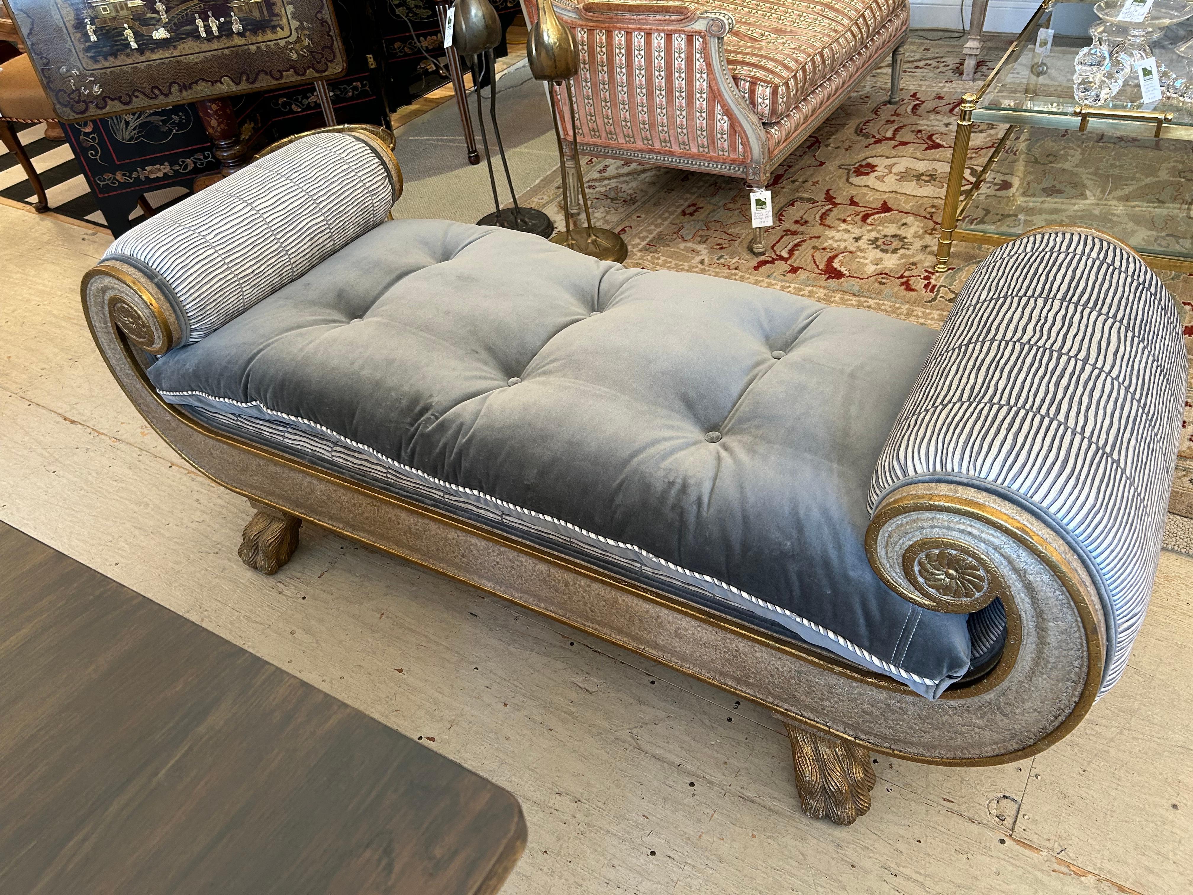 American Moviestar Sumptuous Tufted Velvet Gilded Neoclassical Style Chaise Longue For Sale