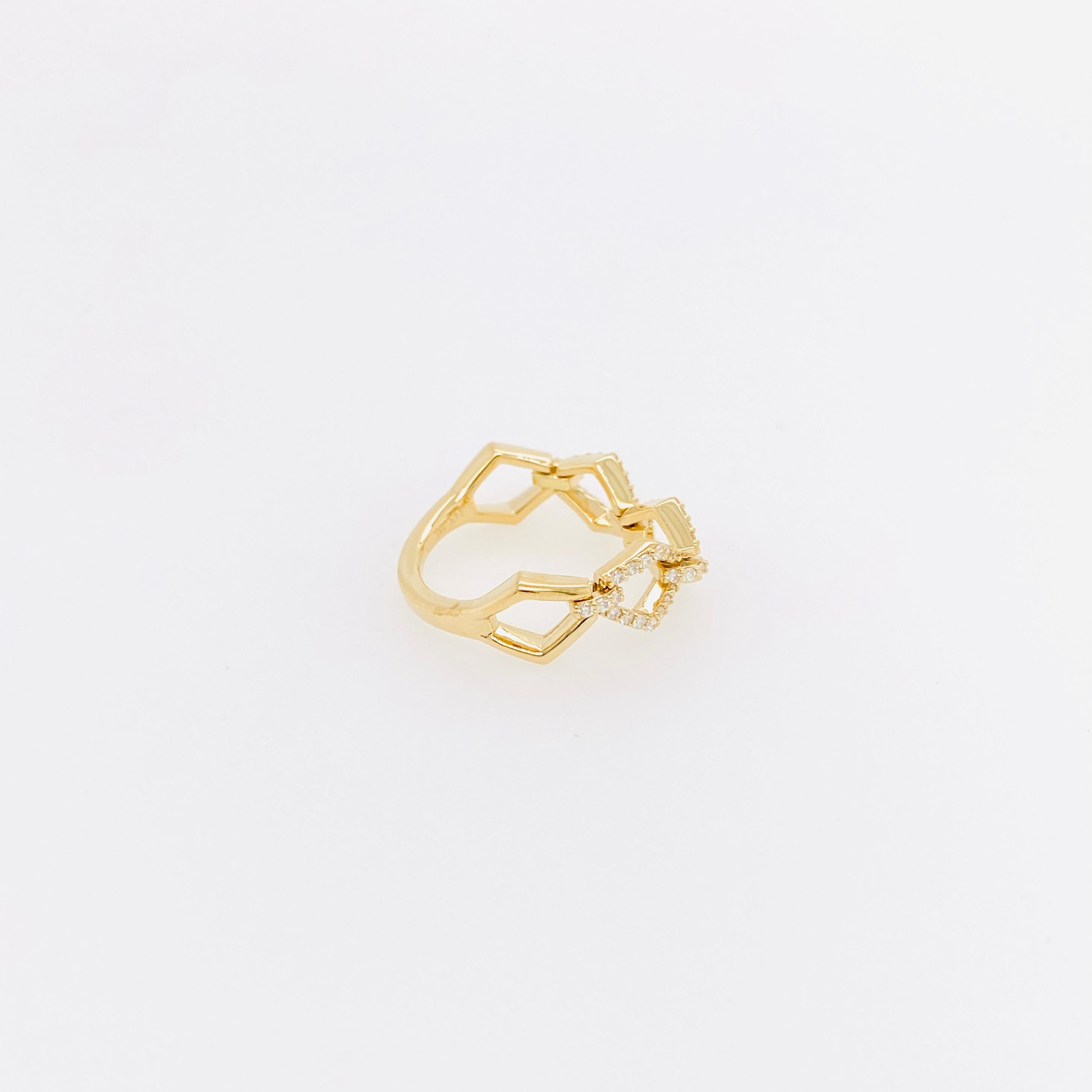 This unique hinged ring has 7 movable links w a total of 54 diamonds. When you want different and clever-this is your ring. Constructed out of durable 14 karat yellow gold this ring is comfortable with the 7 links fitting around your finger.  This