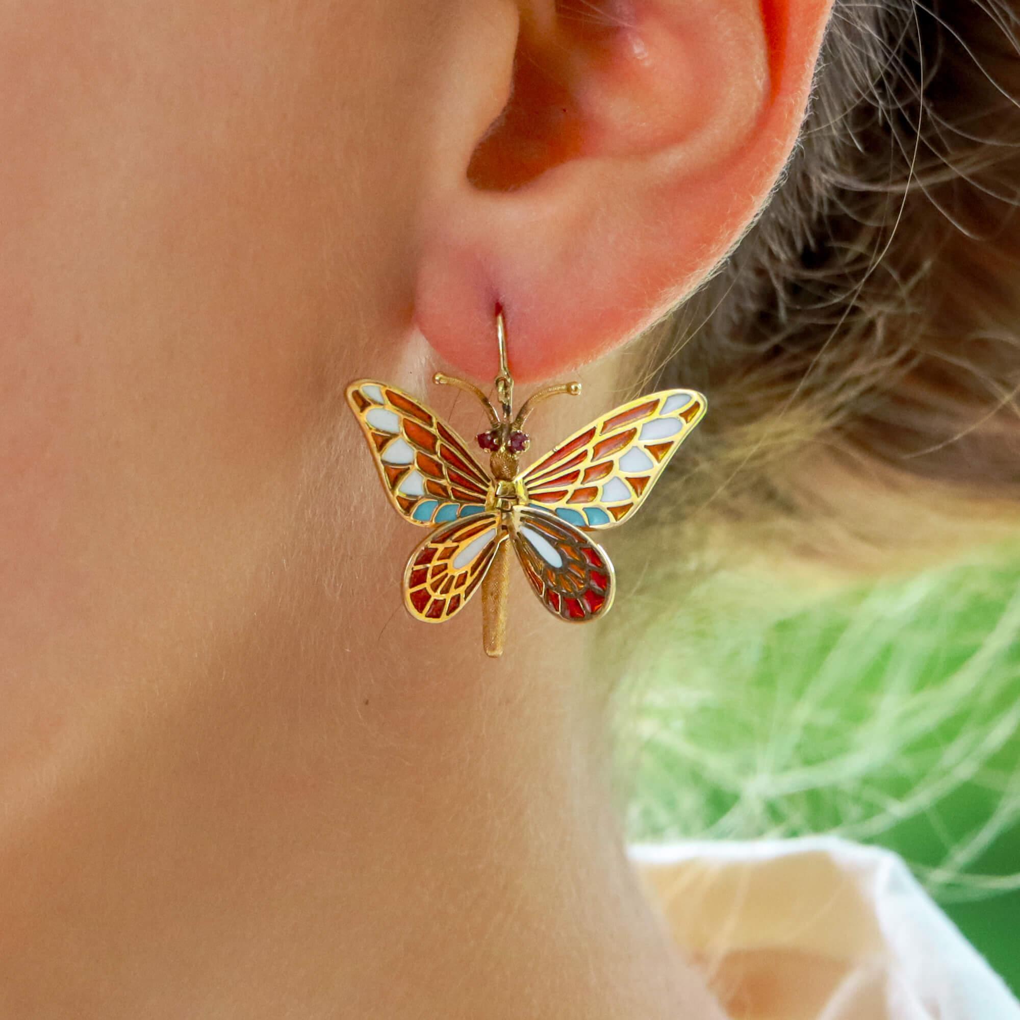 Women's or Men's Moving Enamel Butterfly Drop Earrings in 18 Karat Brushed Yellow Gold 