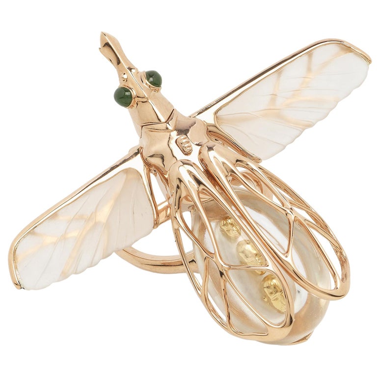 18K Yellow and Rose Gold Green Tsavorites Mother of Pearl Moving Insect  Ring For Sale at 1stDibs