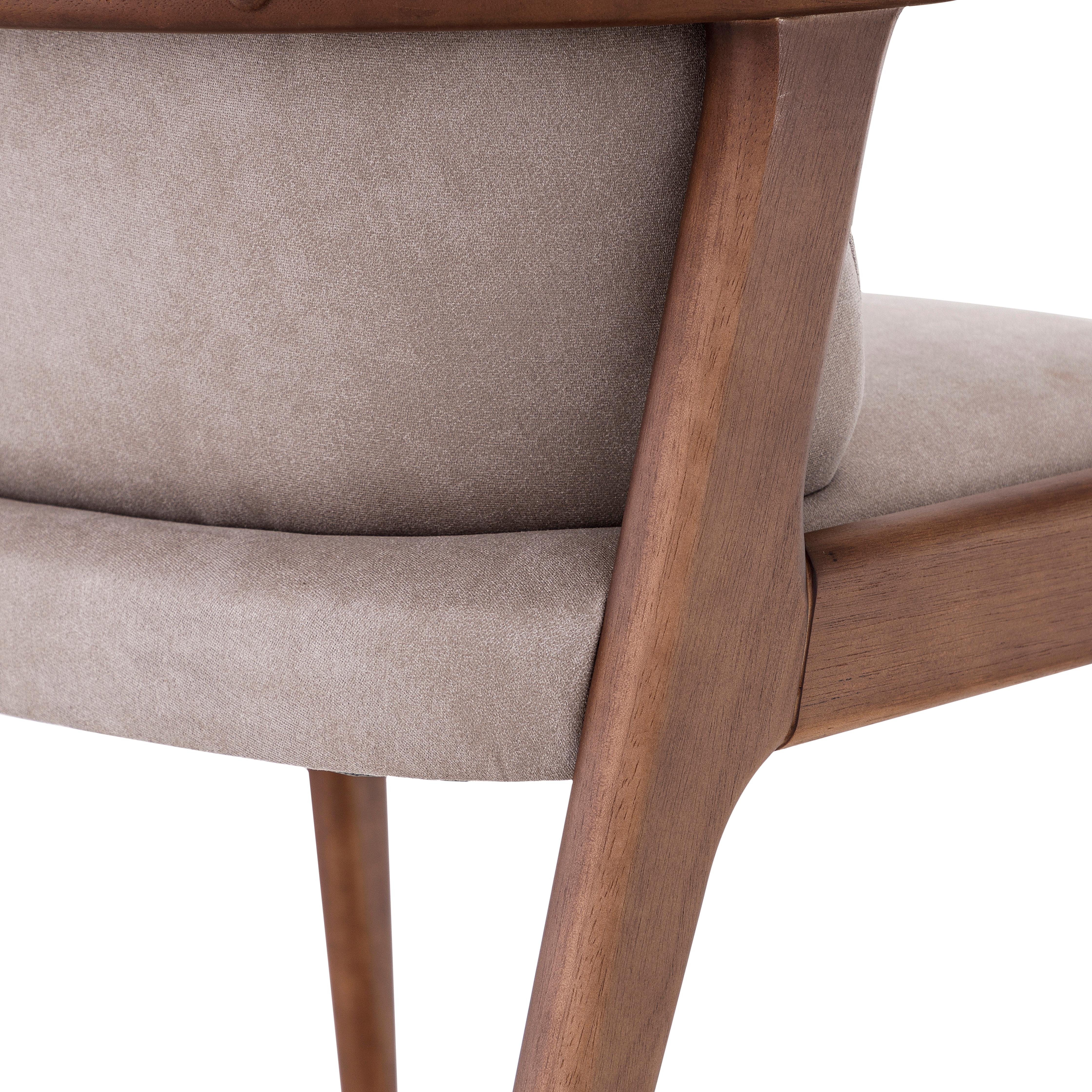 Brazilian Nowe Dining Chair in Walnut Wood Finish and Light Brown Cotton Fabric For Sale
