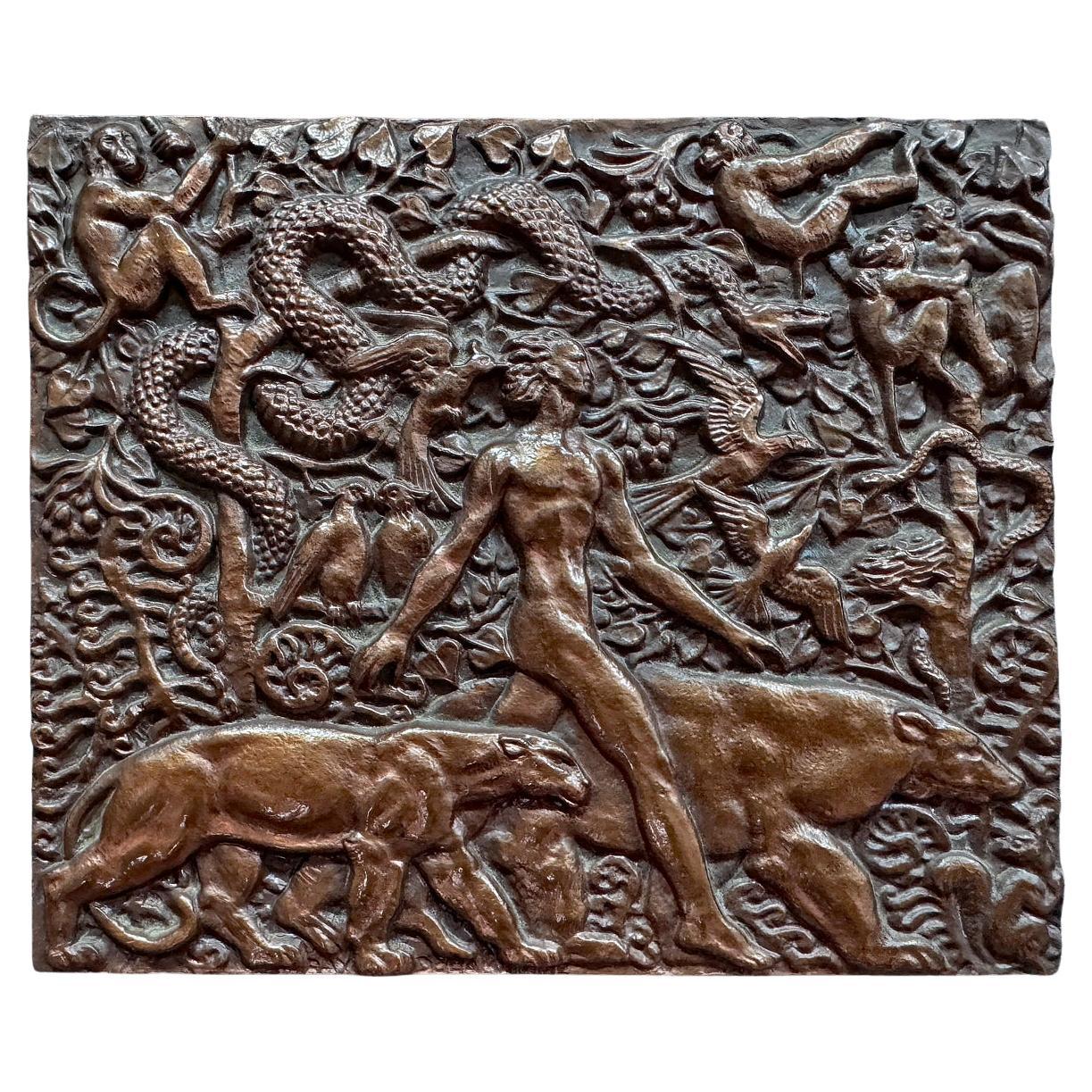 "Jungling dans la jungle", Rare Plaquette Art Déco en Bronze avec Nu Masculin par Delamarre en vente