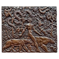 "Mowgli in the Jungle", Rare Bronze Art Deco Plaquette w/ Nude Male by Delamarre