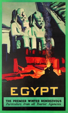 Original Vintage Winter Holiday Travel Poster For Egypt Ft. Pharaoh Statue Ruins