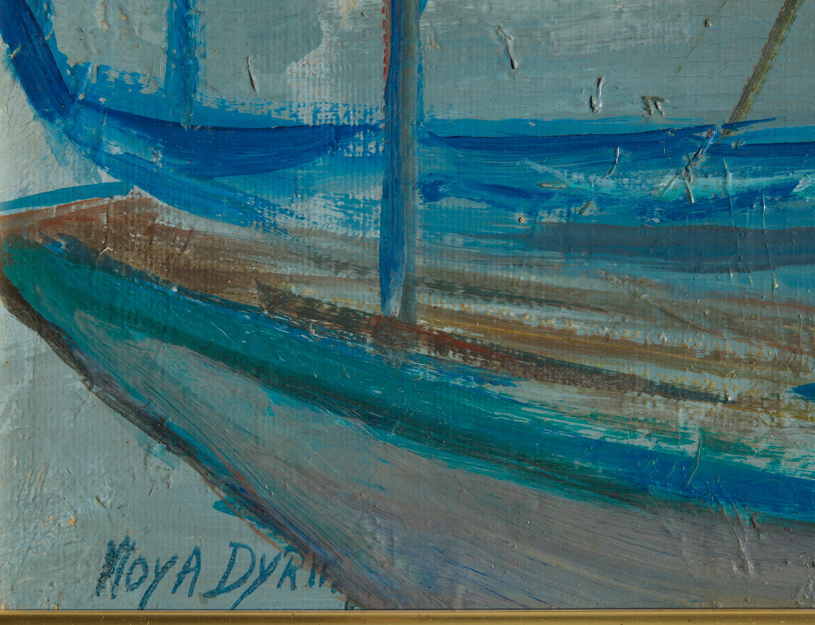 Magnifique peinture à l'huile évocatrice de la grande artiste moderne de l'école française Moya Dyring, spécialisée dans les marinas.
Elle représente un port avec des bateaux probablement de la Côte d'Azur, peints avec une grande intensité mais