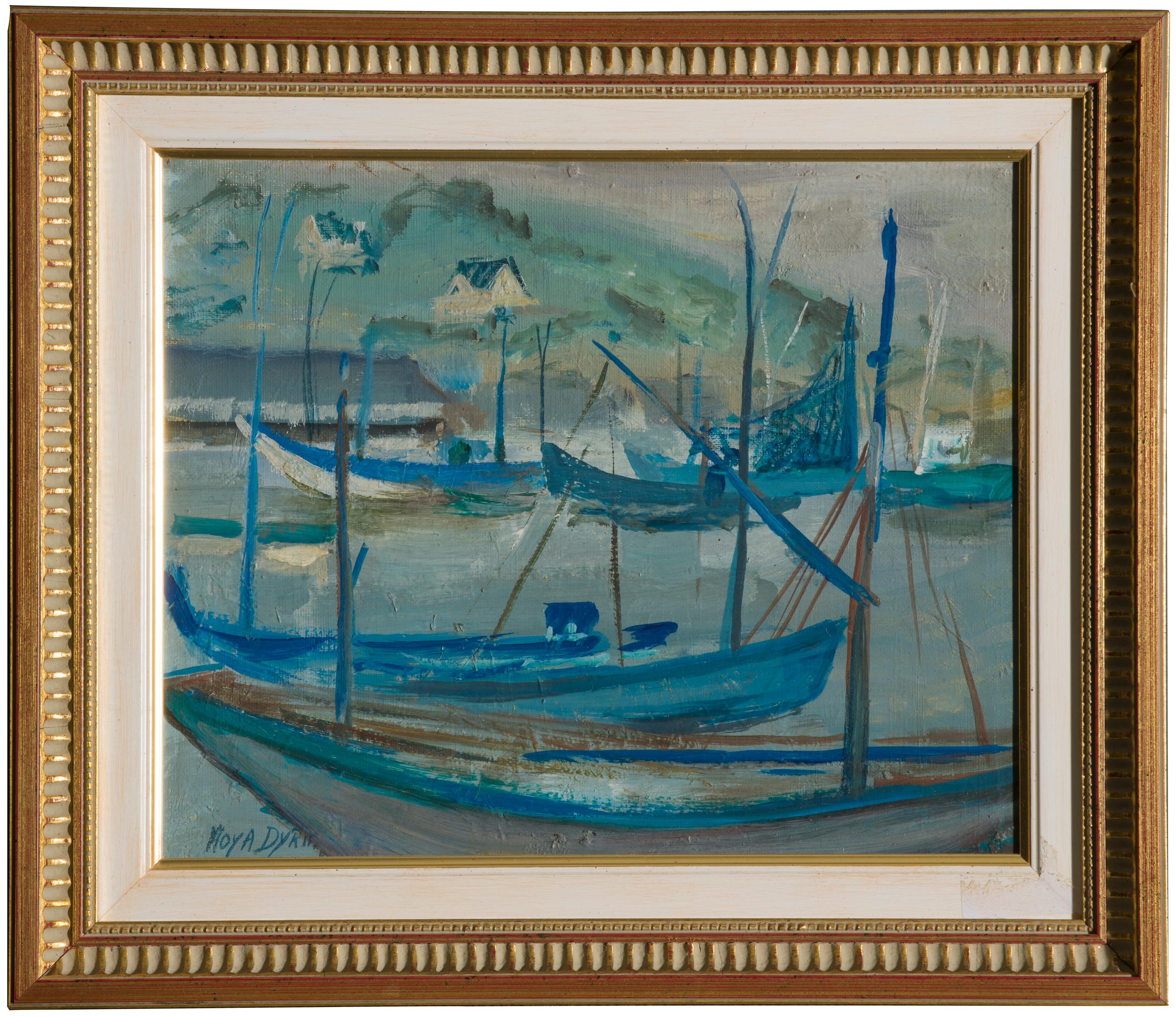 Moya Claire Dyring Painting Signed French Marine 1950s In Good Condition For Sale In Roma, IT