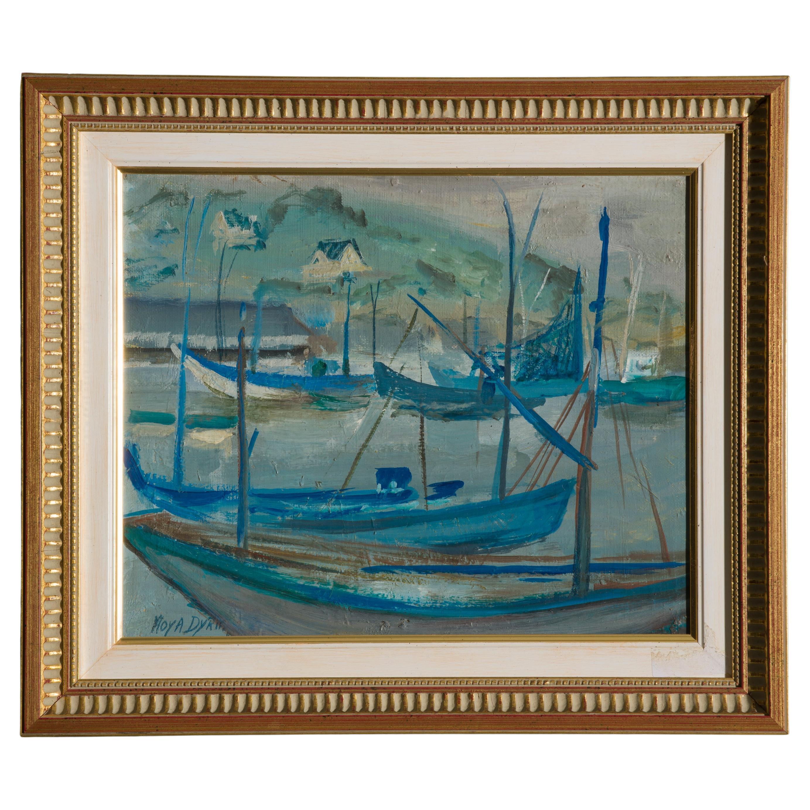 Moya Claire Dyring Painting Signed French Marine 1950s For Sale