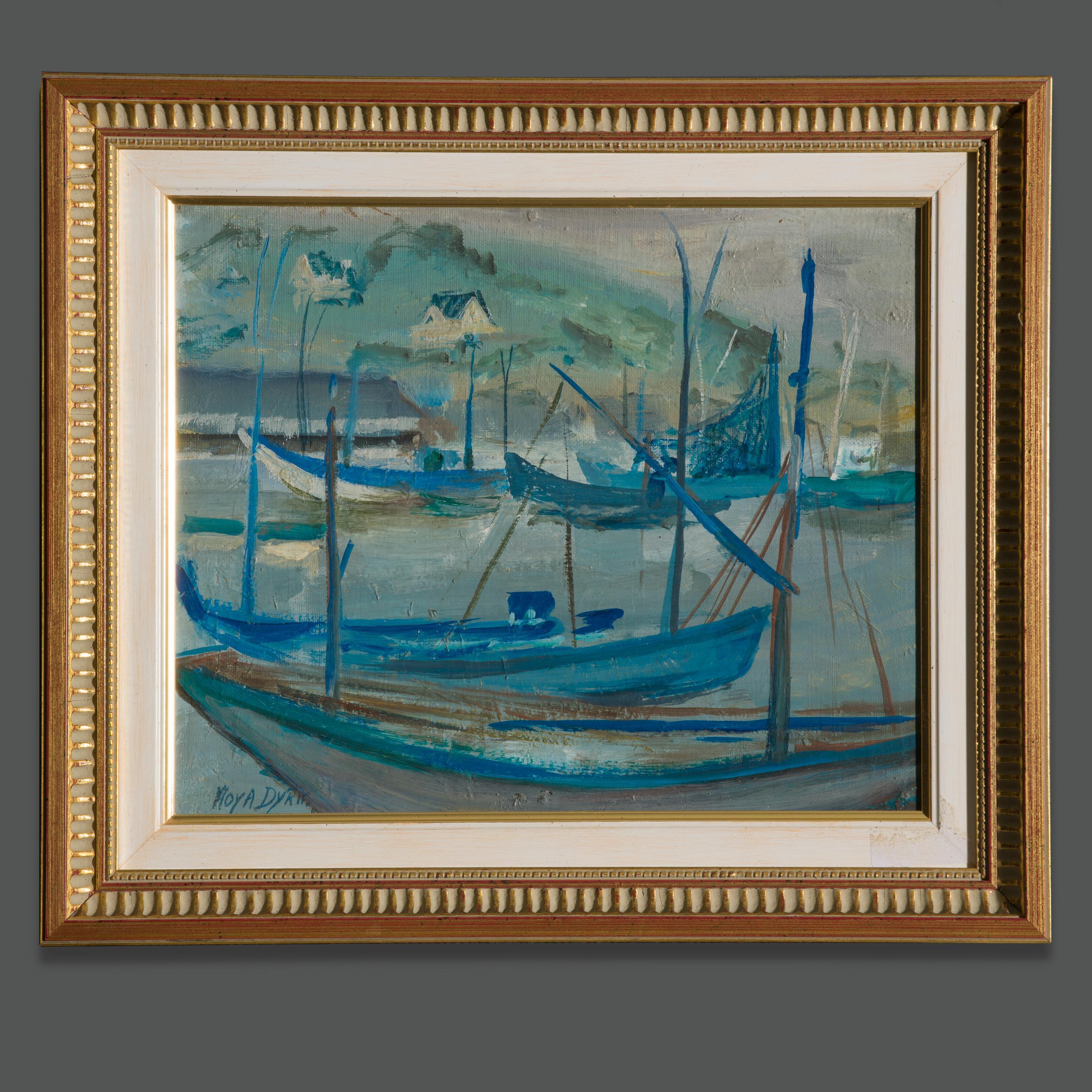 Magnifique peinture à l'huile évocatrice de la grande artiste moderne de l'école française Moya Dyring, spécialisée dans les marinas.
Elle représente un port avec des bateaux probablement de la Côte d'Azur, peints avec une grande intensité mais