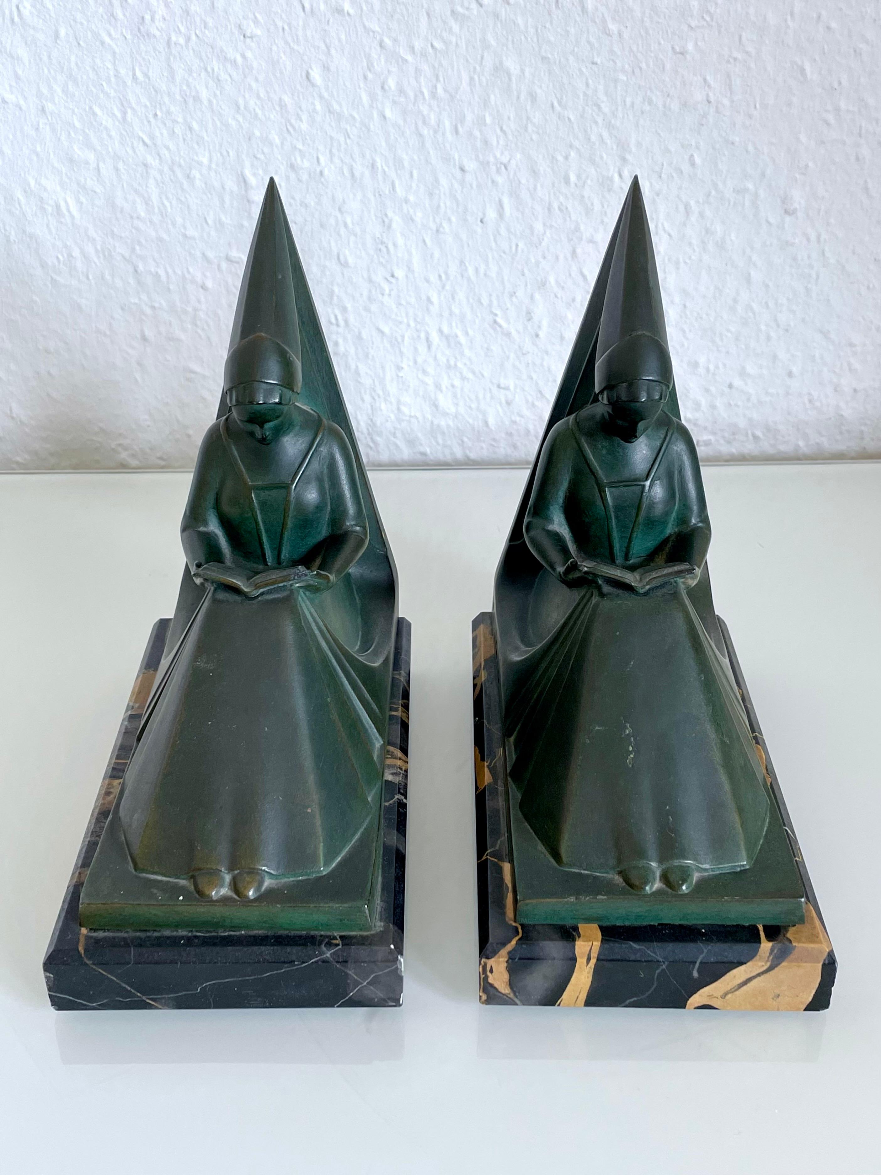 Early 20th Century Moyen Age Original Max Le Verrier 1920s French Art Deco Bookends Reading Ladies