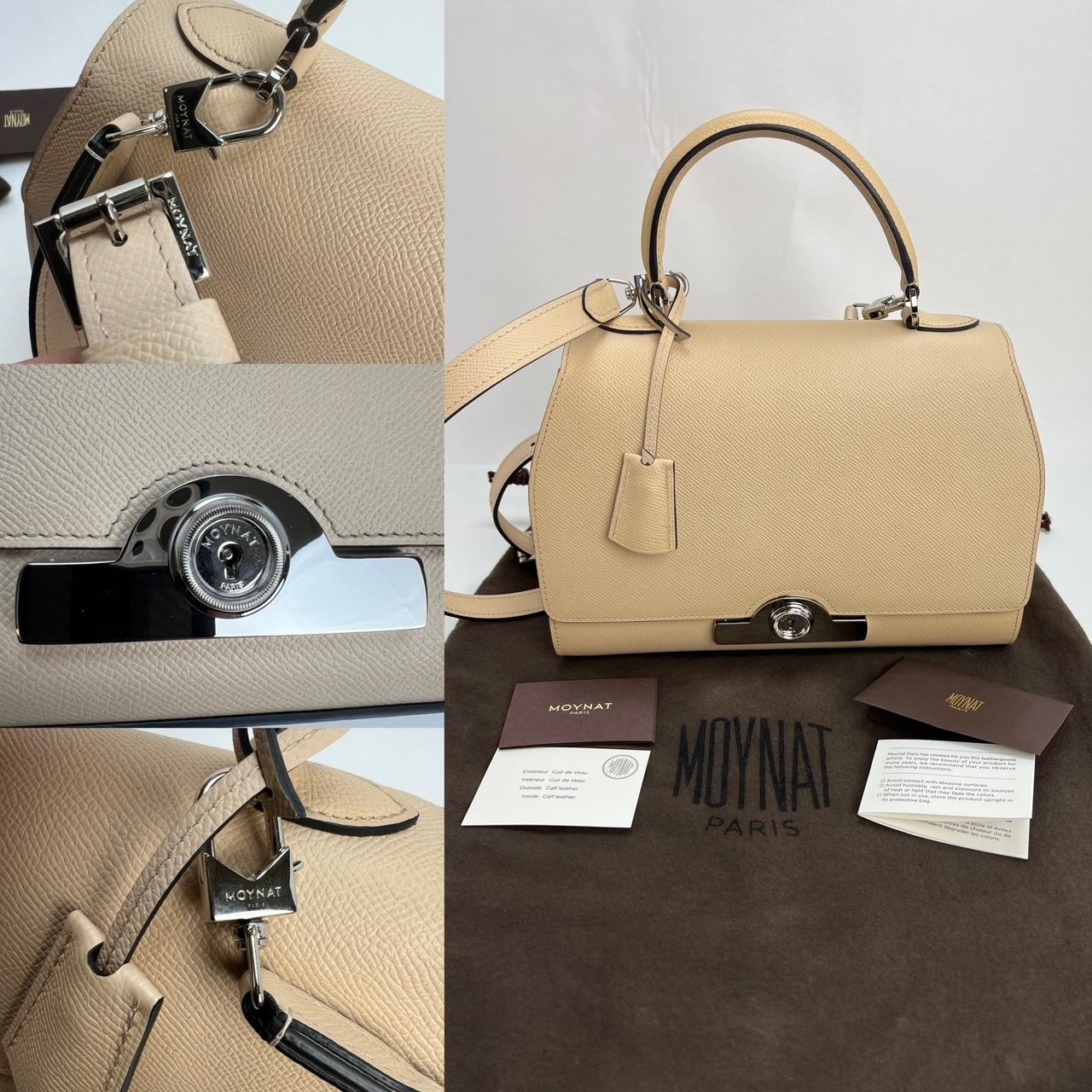 Pre-Owned  100% Authentic
Moynat Carat Calfskin Rejane PM Hand Bag
RATING: A...excellent, near mint, has little to no signs of wear
MATERIAL: leather
STRAP: Moynat Strap removable adjustable 36'' to 44'' long
DROP:
HANDLE:  single leather, few faint