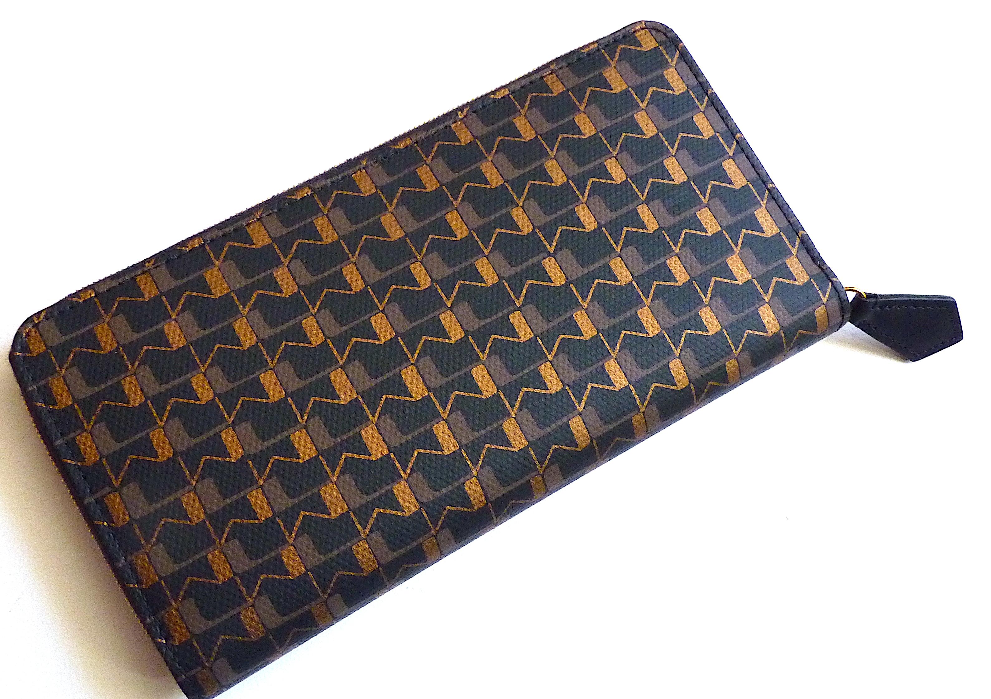 Women's or Men's Moynat Paris Charcoal and Gold Logo Canvas Wallet For Sale