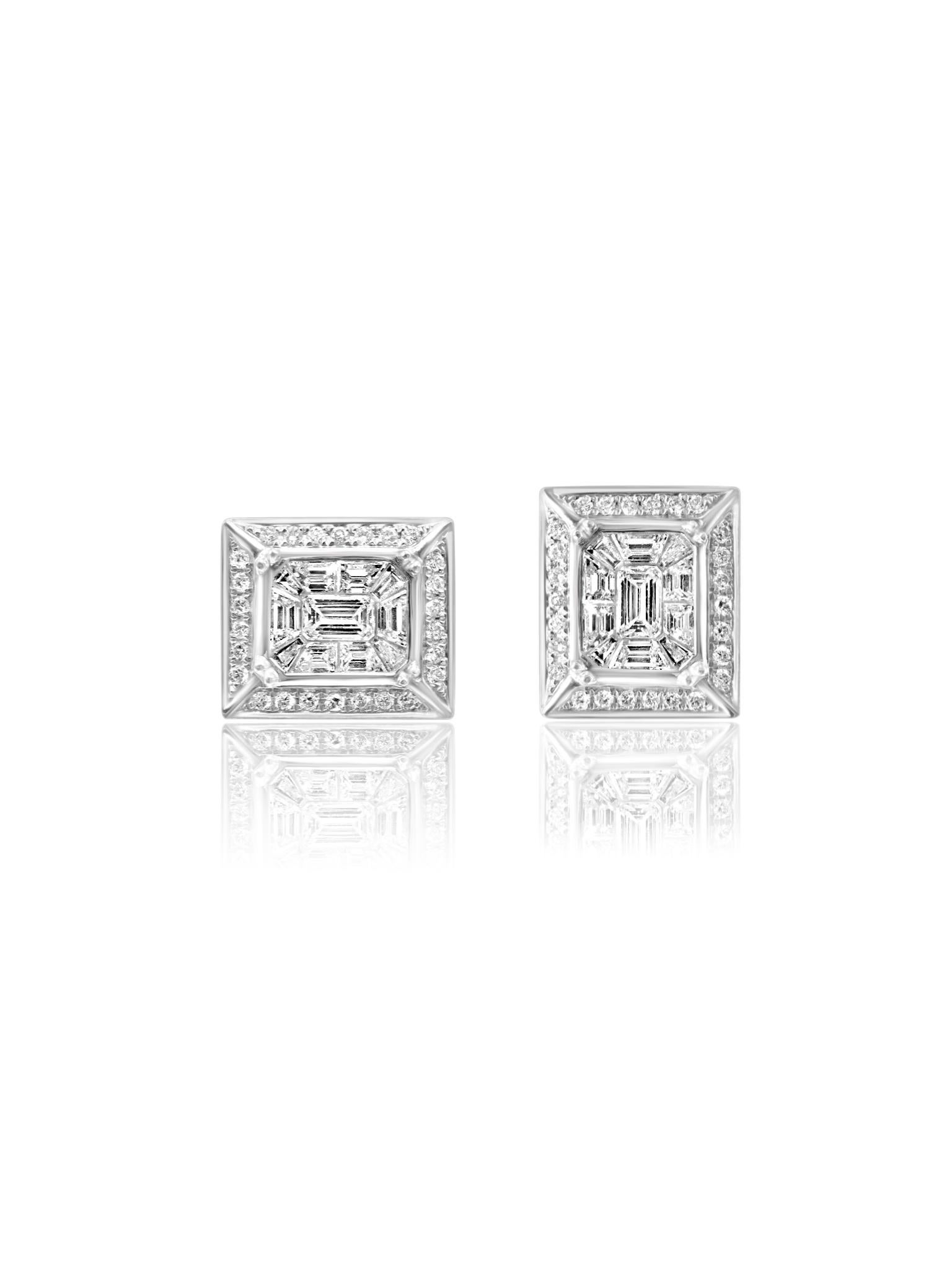 Artisan Mozafarian 18K Gold Earrings with Baguette and Round Cut Diamonds For Sale