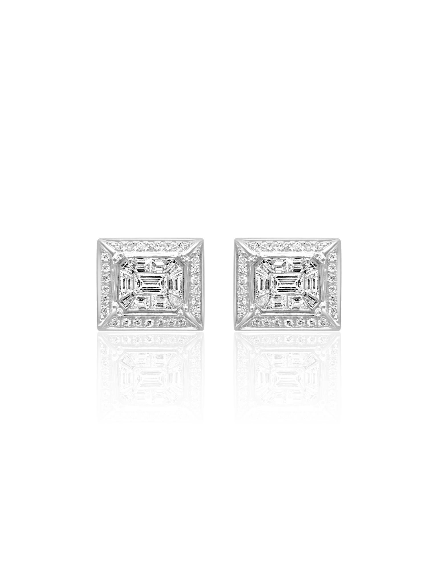 Baguette Cut Mozafarian 18K Gold Earrings with Baguette and Round Cut Diamonds For Sale