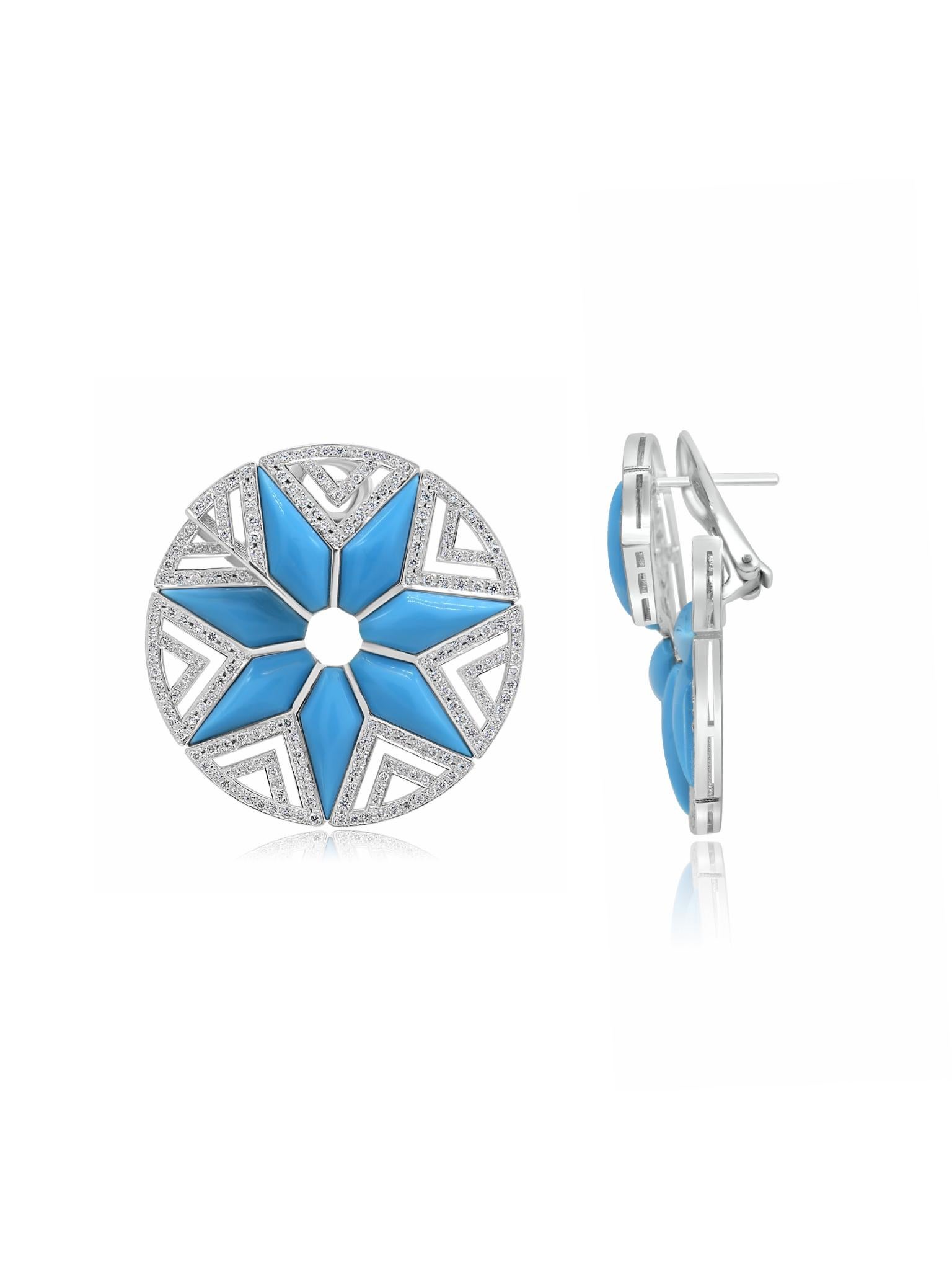 Mozafarian's breathtaking 18-karat white gold earrings feature vibrant turquoise stones, beautifully adorned with sparkling diamonds in an intricate floral-inspired pattern. These earrings are the epitome of elegance, offering a bold yet graceful