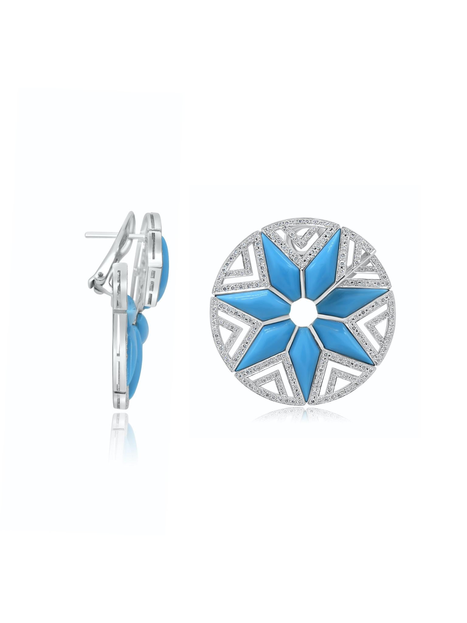 Round Cut Mozafarian 18K Gold Floral Design Earrings with Turquoise and Diamonds For Sale