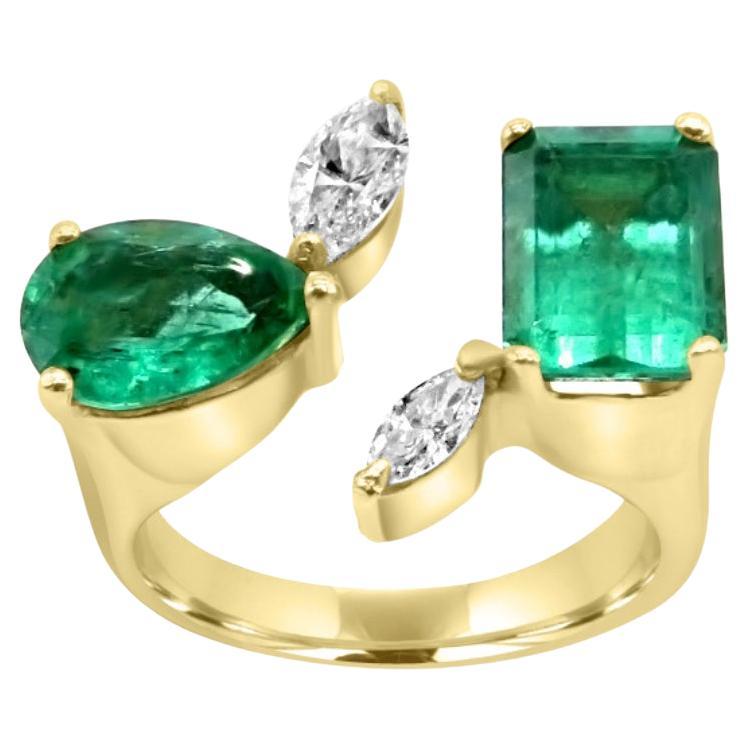 Mozafarian 18k Gold Ring with Emeralds and Marquise cut Diamonds