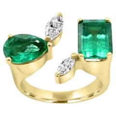 Mozafarian 18k Gold Ring with Emeralds and Marquise cut Diamonds