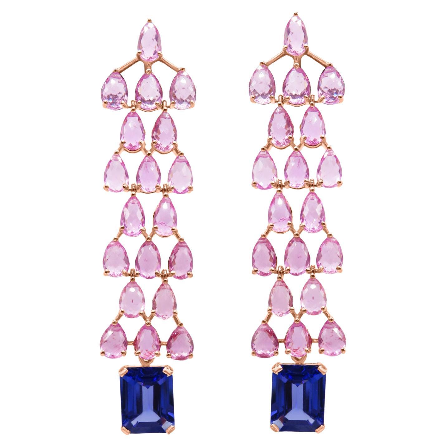 Mozafarian 18K Rose Gold Drop Earrings with Pink Sapphires and Tanzanites
