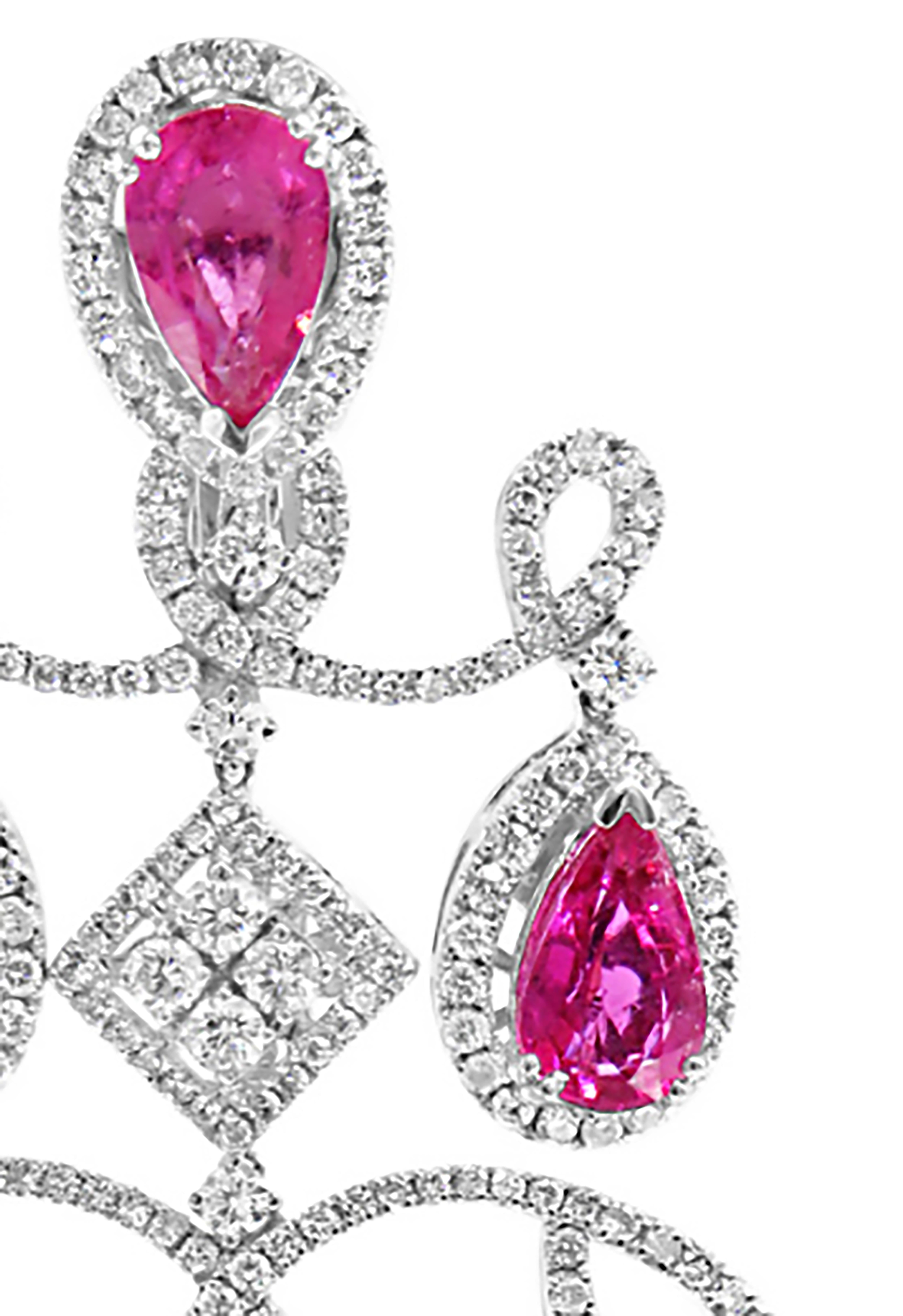 Artisan Mozafarian 18K White Gold Rubelite and Diamond Chandelier Earrings For Sale