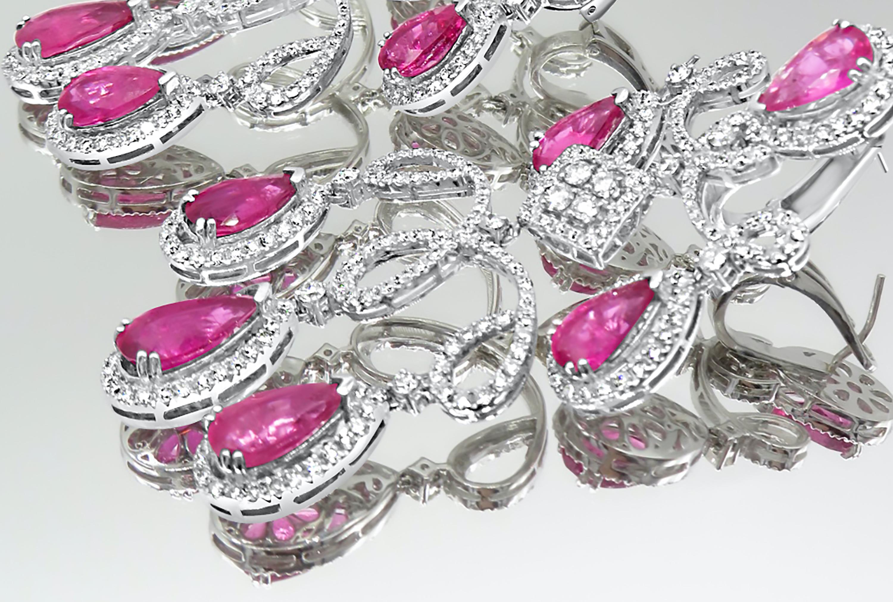 Pear Cut Mozafarian 18K White Gold Rubelite and Diamond Chandelier Earrings For Sale