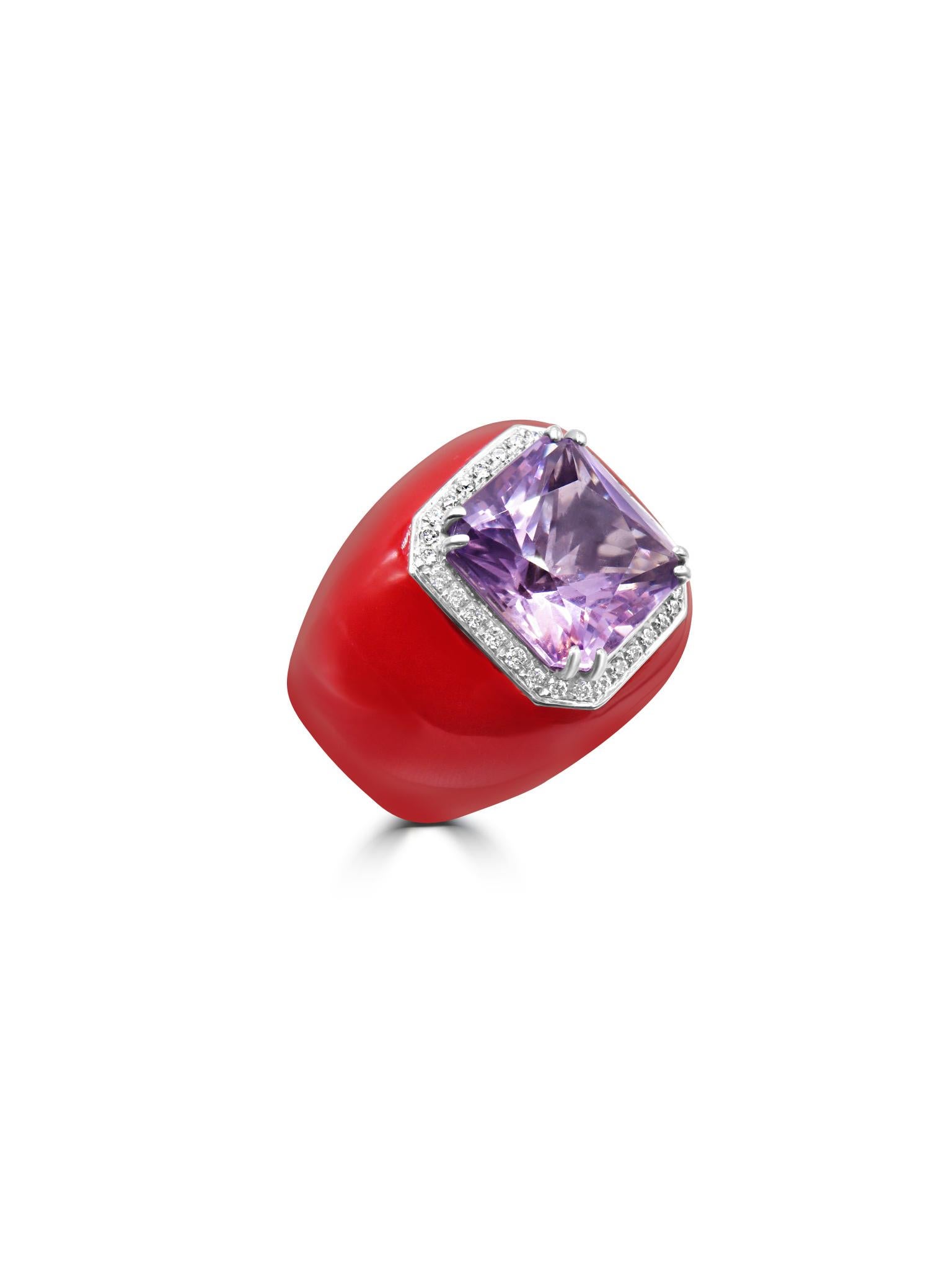 Exquisite amethyst ring, featuring a vibrant purple amethyst centre stone adorned with sparkling diamonds. The striking red enamel band beautifully complements the amethyst, creating a bold and elegant look.