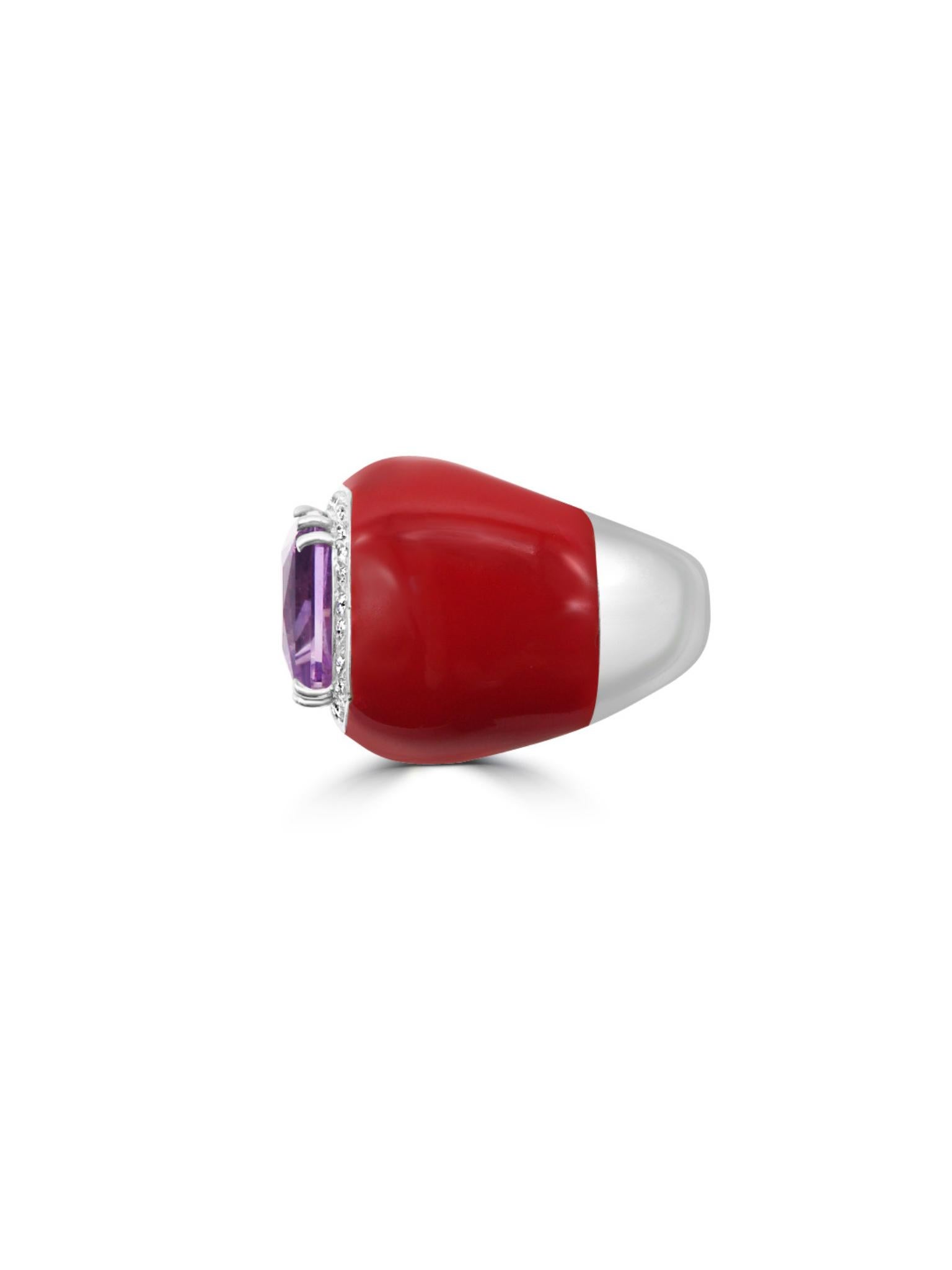 Artisan Mozafarian Amethyst and Diamond ring with Red Enamel For Sale
