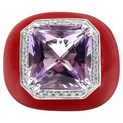 Ring aus Mosafarianischem Amethyst und Diamanten mit roter Emaille