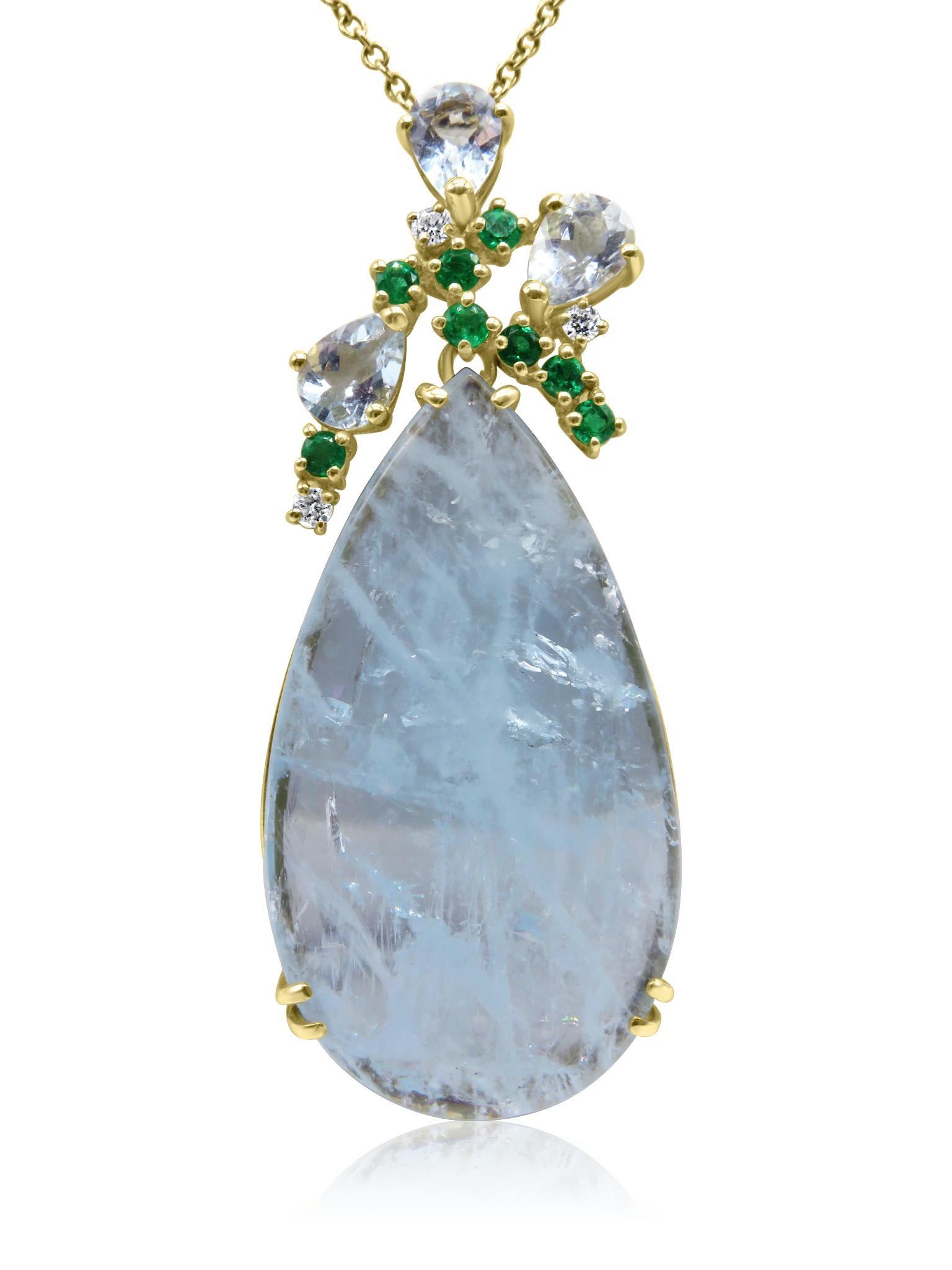 Halskette aus Mosafarianischem Aquamarin, Tropfen, Diamant und Smaragd mit Perlenkette (Brillantschliff) im Angebot