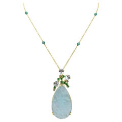 Collana Mozafarian con goccia di acquamarina, diamanti e smeraldi e catena di perline