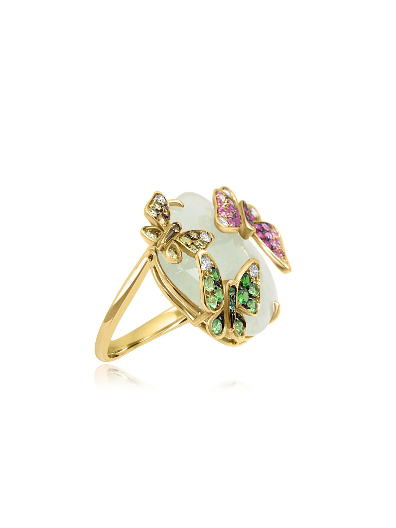 Round Cut Mozafarian Butterfly Ring with Diamonds, Quartz, Tanzanites and Sapphires