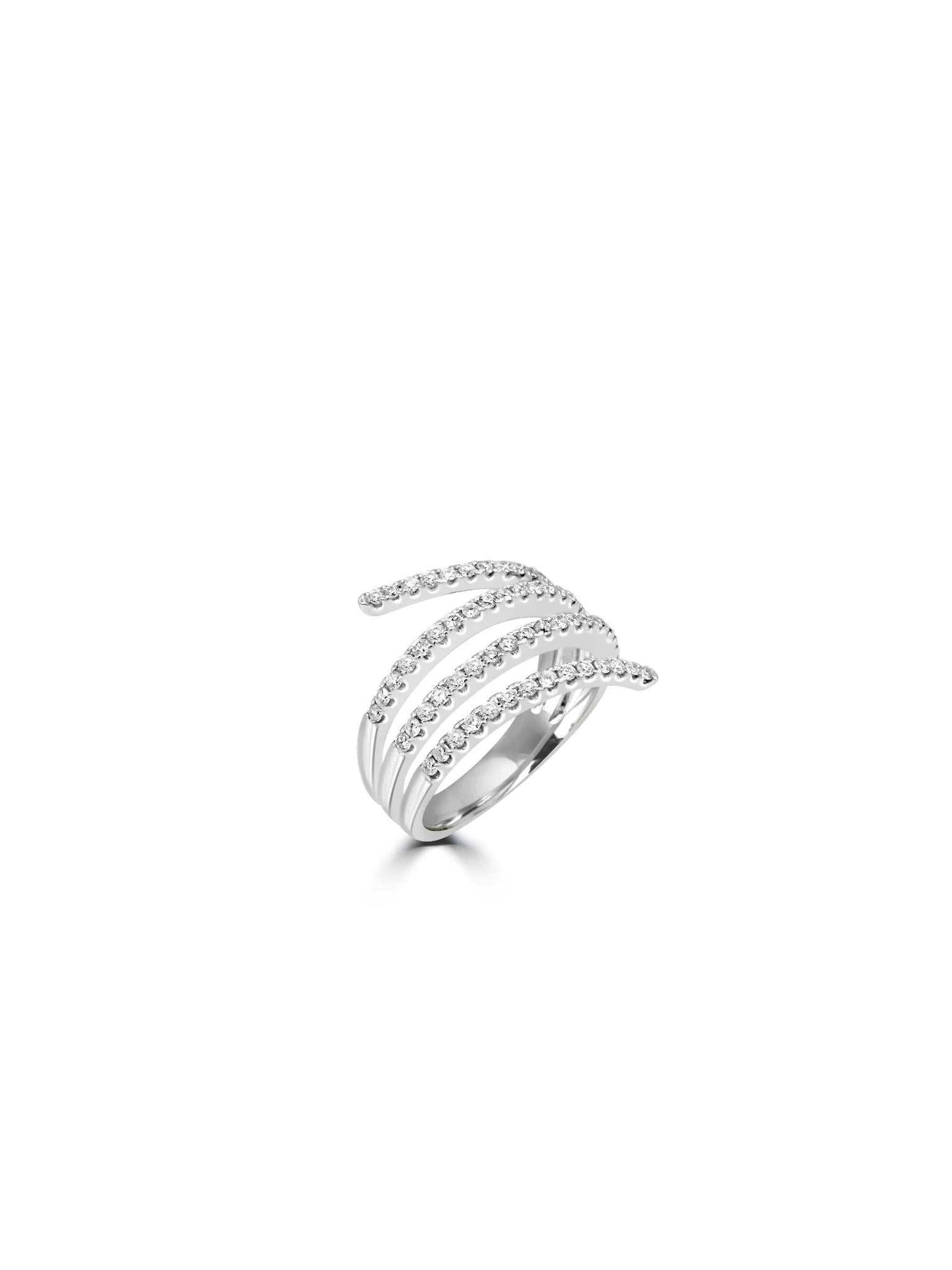 A stunning diamond ring with a unique twist design that catches the eye. The ring features a wide band adorned with sparkling diamonds, exuding elegance and luxury. Crafted in 18 karat white gold, the intricate details of the curved design add a