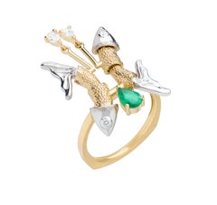 Mozafarian 0.45 Carat Emerald Pear & Diamond, Yellow & White Gold Pisces Ring