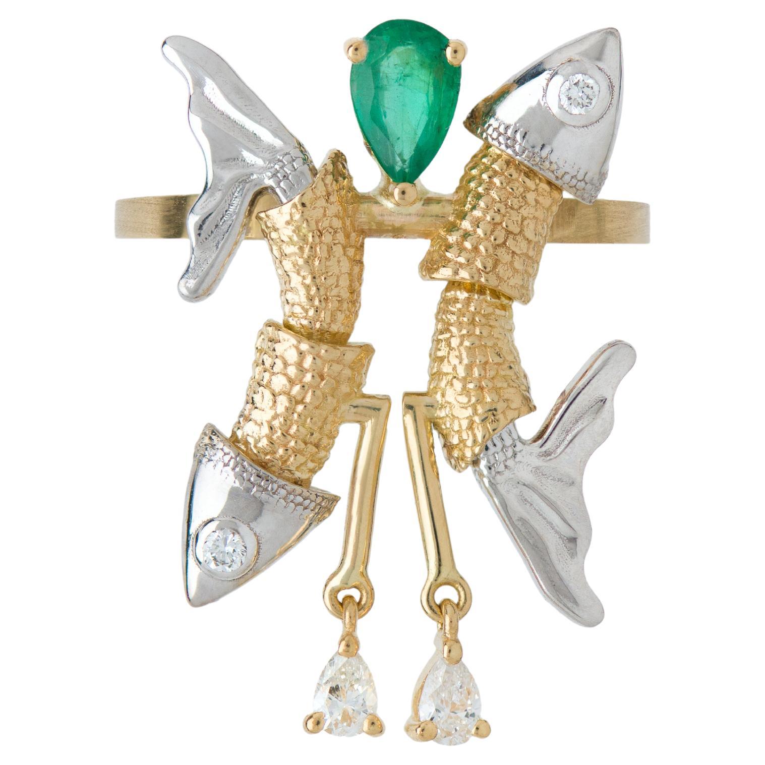 Mozafarian Emerald and Diamond Pisces Ring