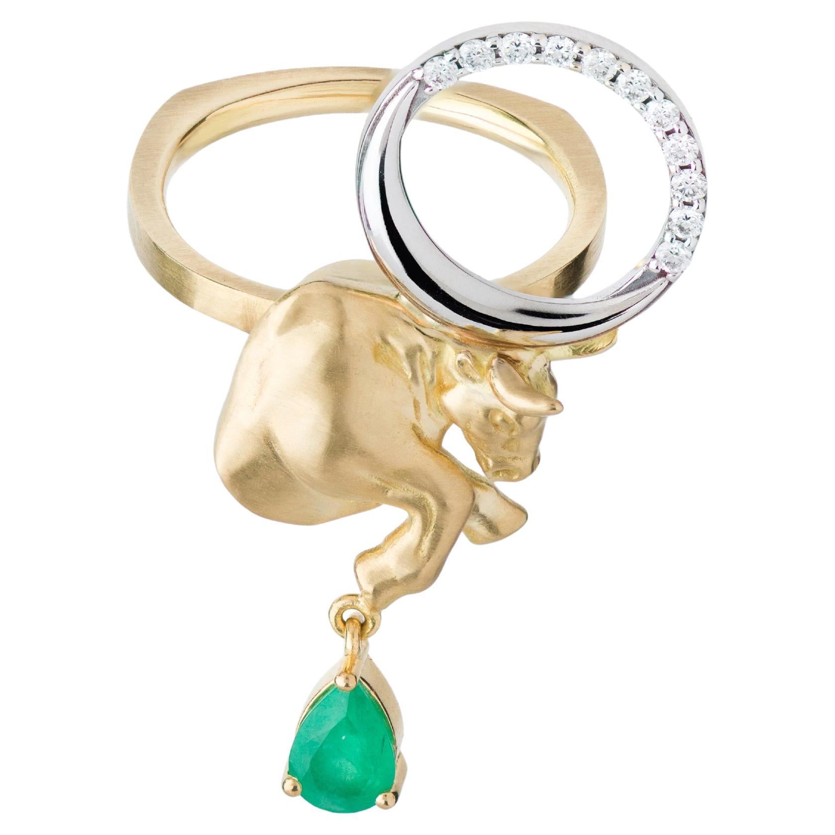 Mozafarian Emerald and Diamond Taurus Ring