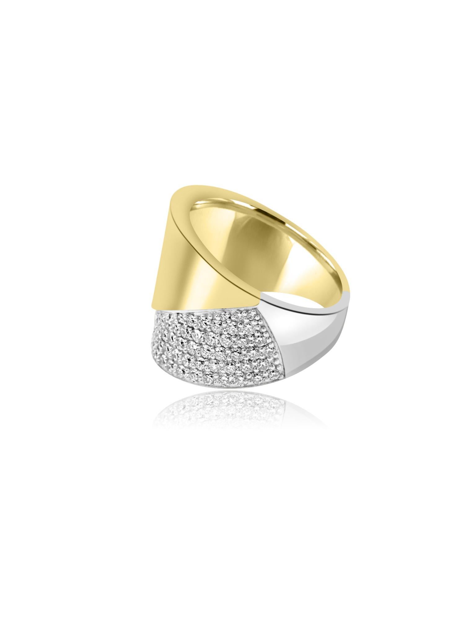 Beautiful ring showcasing a modern design crafted from 18-karat yellow and white gold. The bold band features a smooth yellow gold surface that elegantly contrasts with a diagonal section of white gold, meticulously set with dazzling round-cut