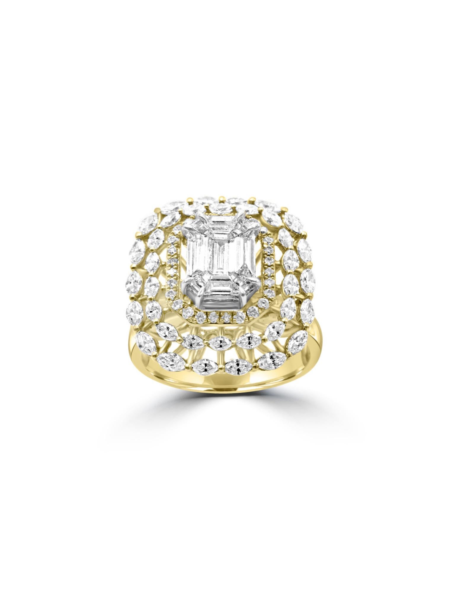 Luxurious diamond ring handcrafted from 18 karat gold. This exquisite ring is completely encrusted with marquise diamonds, including a large and magnificent emerald-cut diamond at its centre. A true statement piece, this ring is the ultimate symbol