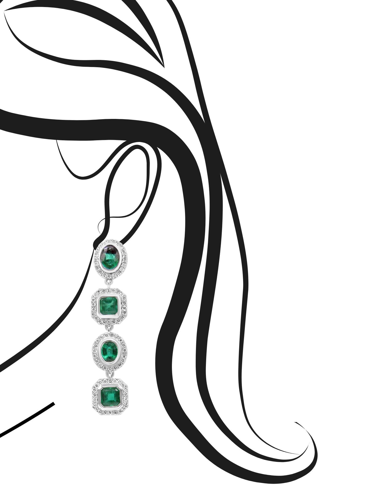 Lange Mosafarianische Ohrringe mit Smaragd und Diamant (Smaragdschliff) im Angebot