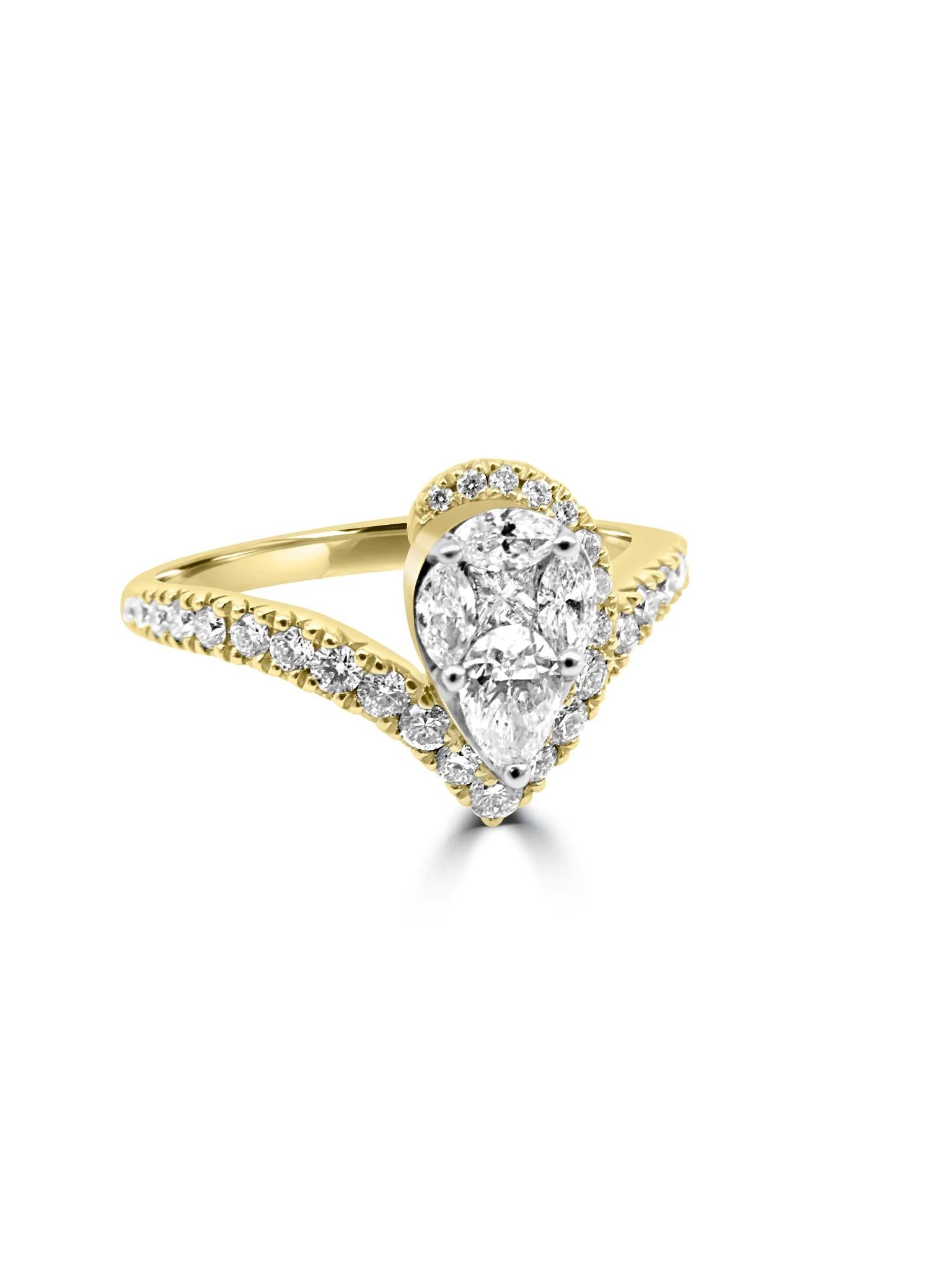 This stunning 18 karat yellow and white gold ring features a pear-shaped design, with a captivating pear-cut diamond at the center. Surrounding the central stone, smaller diamonds delicately trace the edges, adding a sense of refinement and