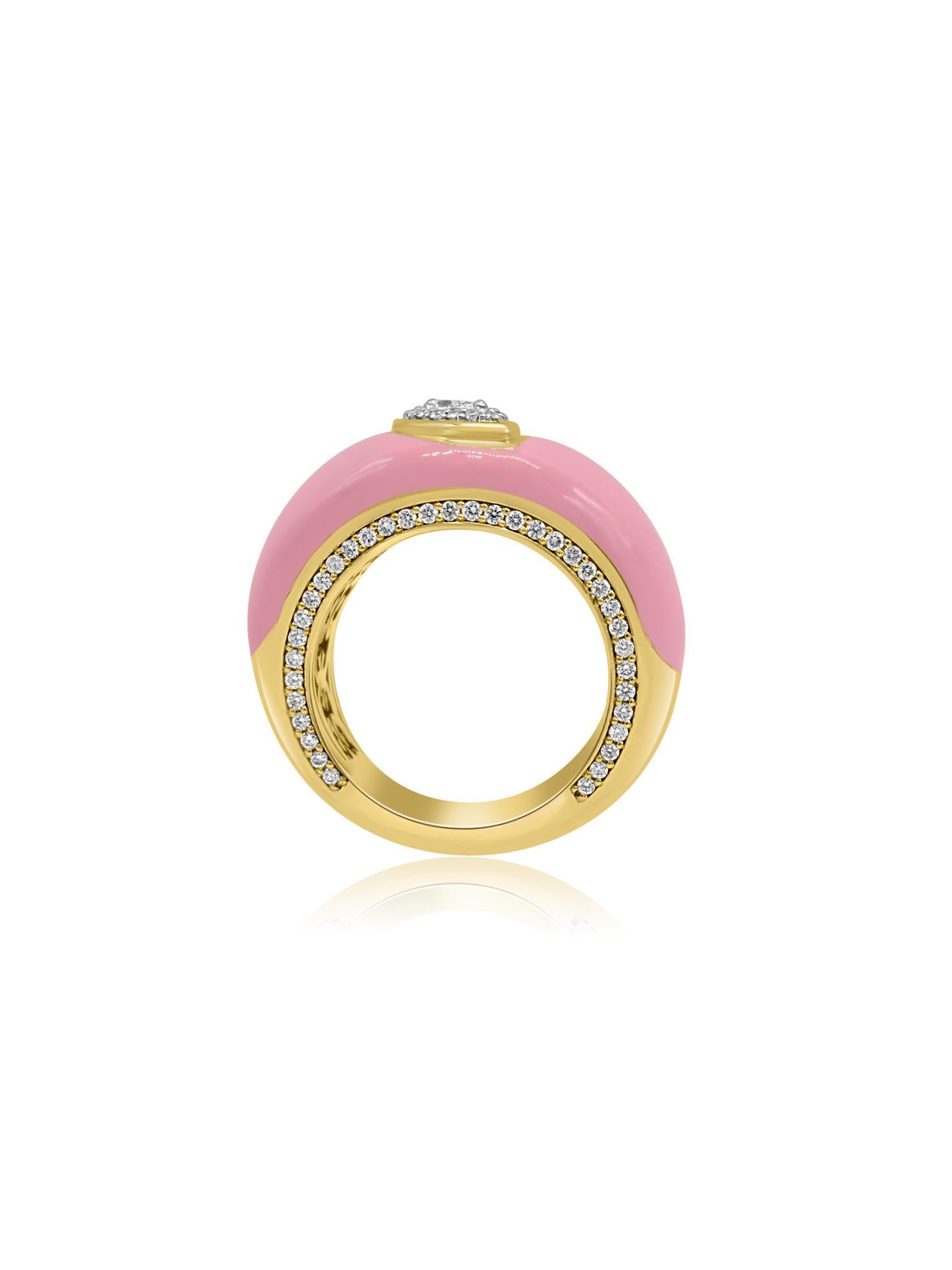 Breathtaking 18 karat gold ring featuring a pink enamel design covering half of the band. The centre boasts small round cut diamonds arranged in a marquise shape, while additional diamonds adorn the edges of the ring. The inside of the band