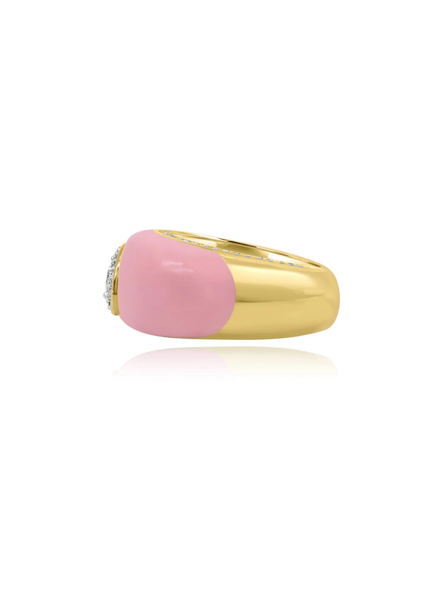Round Cut Mozafarian Pink Enamel and Diamond Ring in 18k Gold