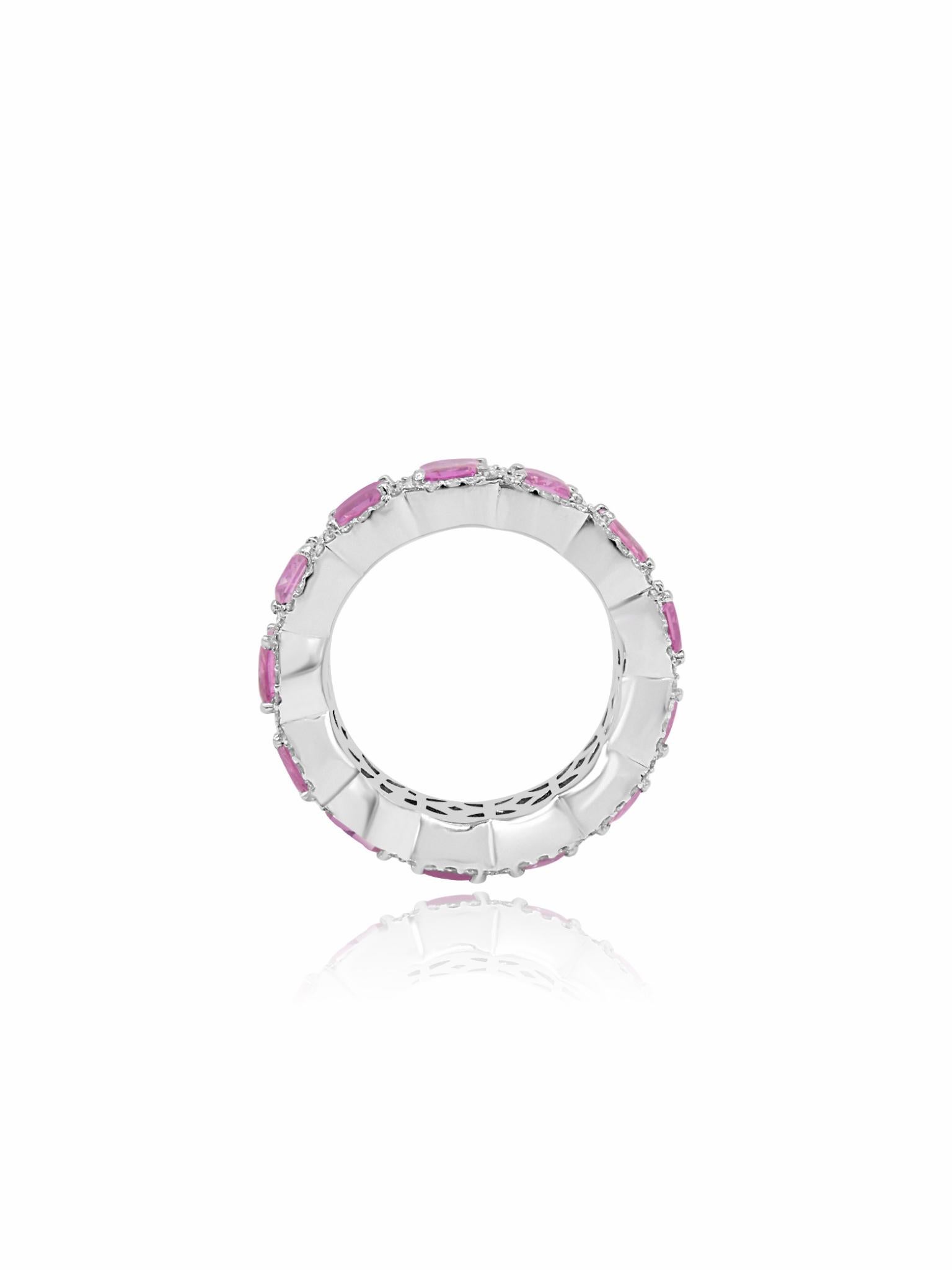 Emerald Cut Mozafarian Pink Sapphire and Diamond Ring in 18K White Gold