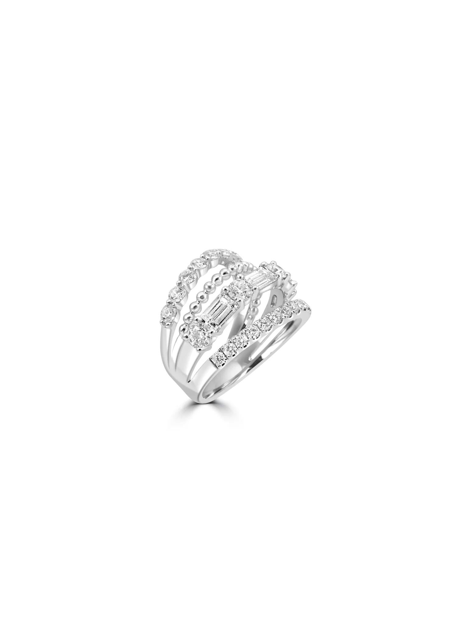 Breathtaking quadruple row diamond ring featuring exquisite round and baguette cut diamonds of varying sizes, making it a captivating and elegant statement piece. With its unparalleled shine and brilliance, this ring is sure to mesmerise any