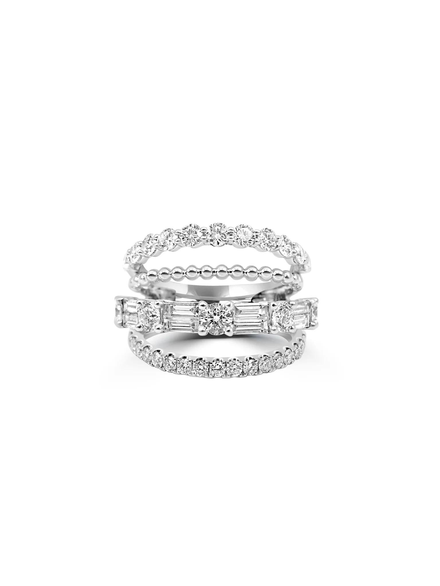 Baguette Cut Mozafarian Quadruple Row Diamond Ring in 18K White Gold For Sale