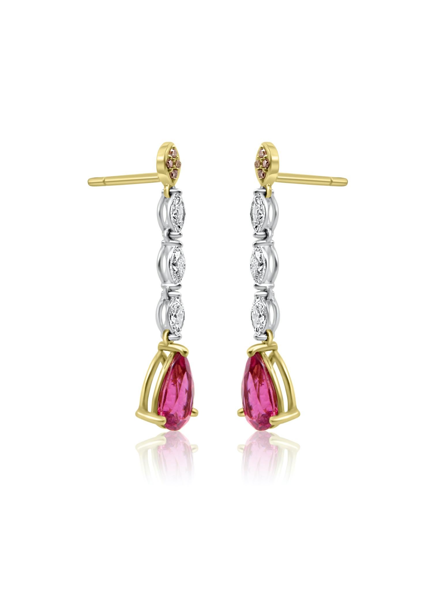 These Mozafarian drop earrings, crafted in a harmonious blend of 18K yellow and white gold, feature striking rubelite drops that captivate with their rich, deep pink hue. The pear-cut rubelites are elegantly suspended from a delicate strip of