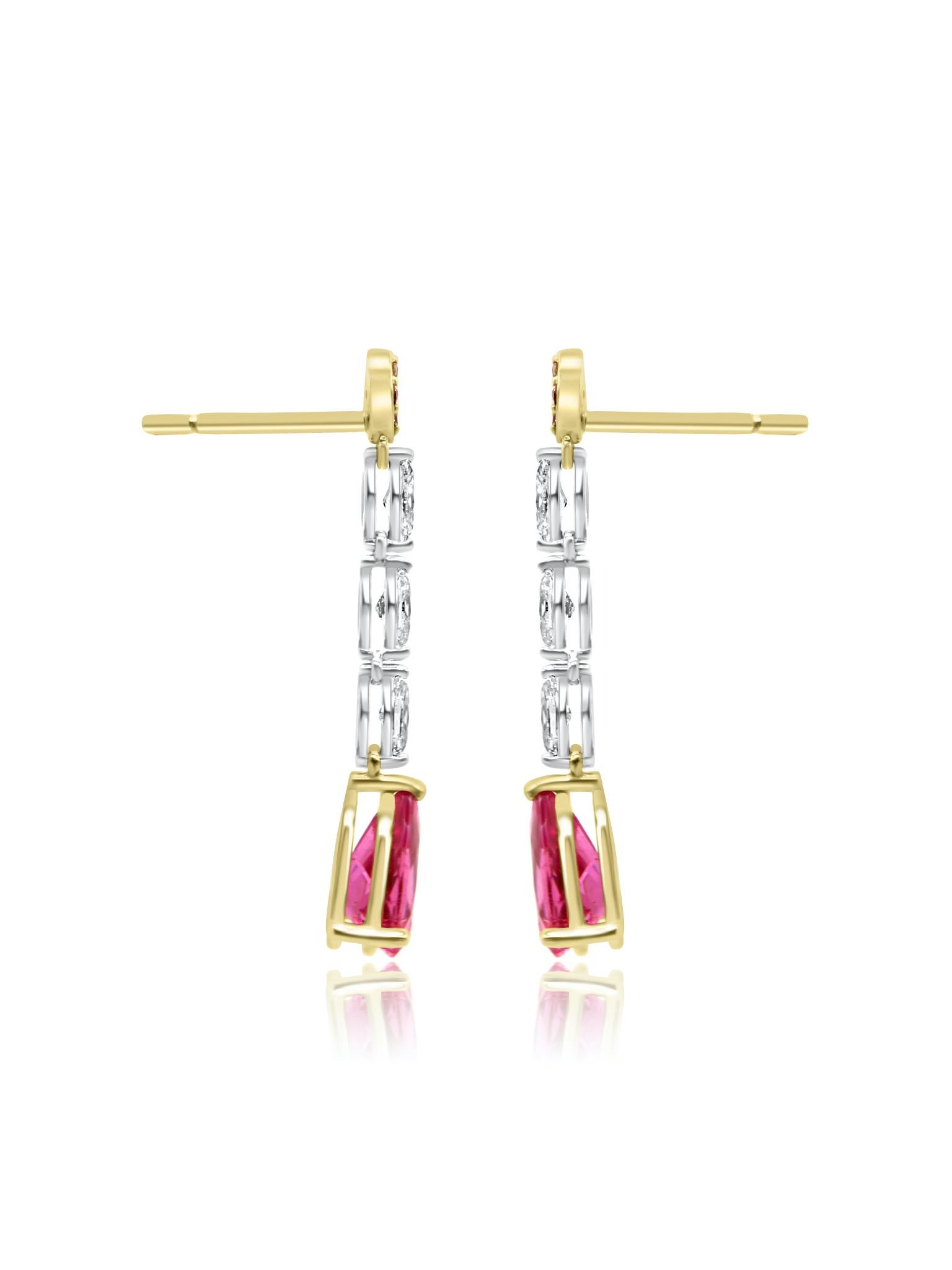 Artisan Mozafarian Rubelite & Diamond Drop Earrings For Sale