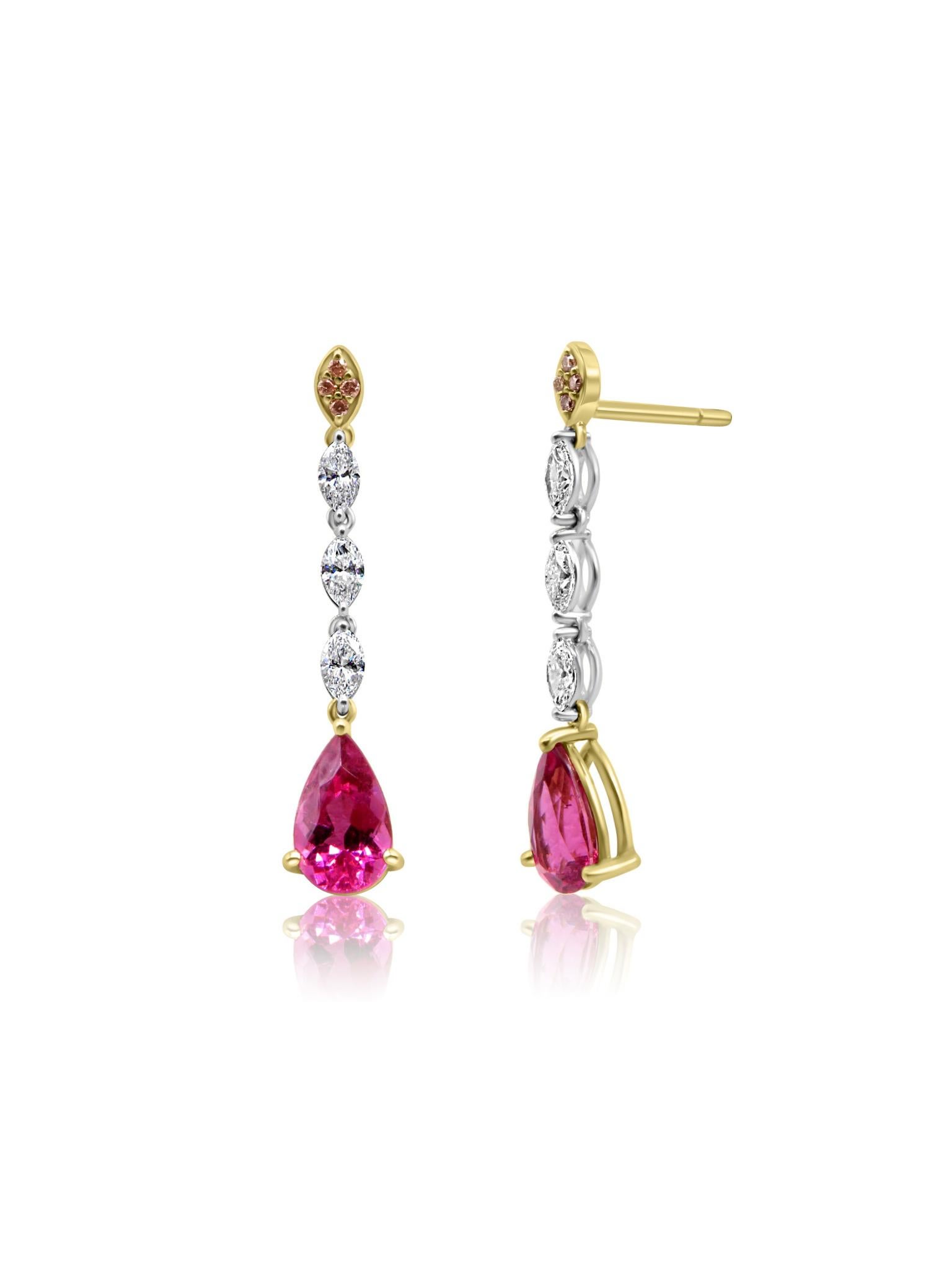 Pear Cut Mozafarian Rubelite & Diamond Drop Earrings For Sale