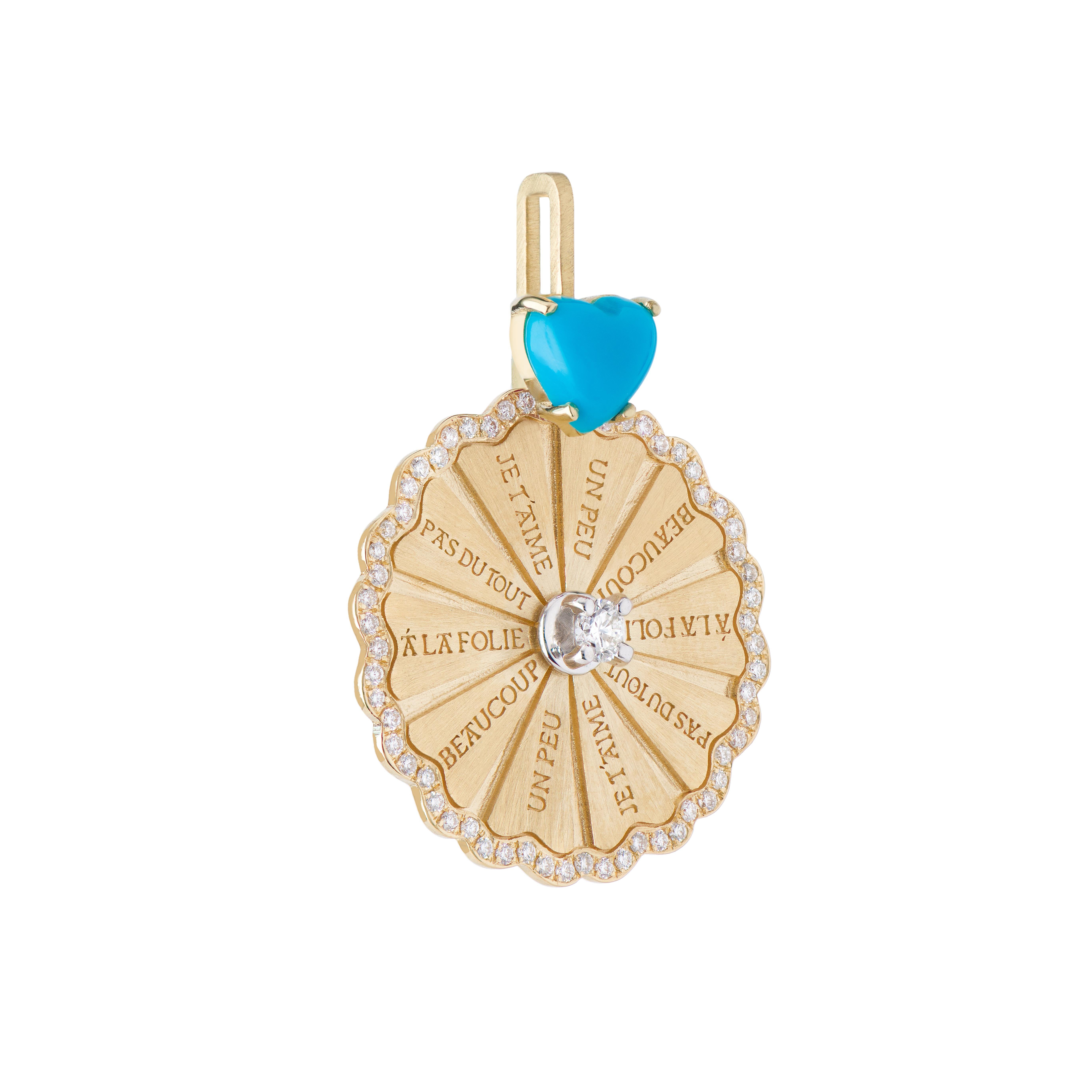 A collaboration between Mozafarian and Katarina Tarazi, the Marguerite Pendant features a 0.22 ct Arizona turquoise heart, 0.08 ct VVS white diamonds, and 5.48 g of 18k yellow and white gold.

Inspired by French Romanticism, this piece incorporates