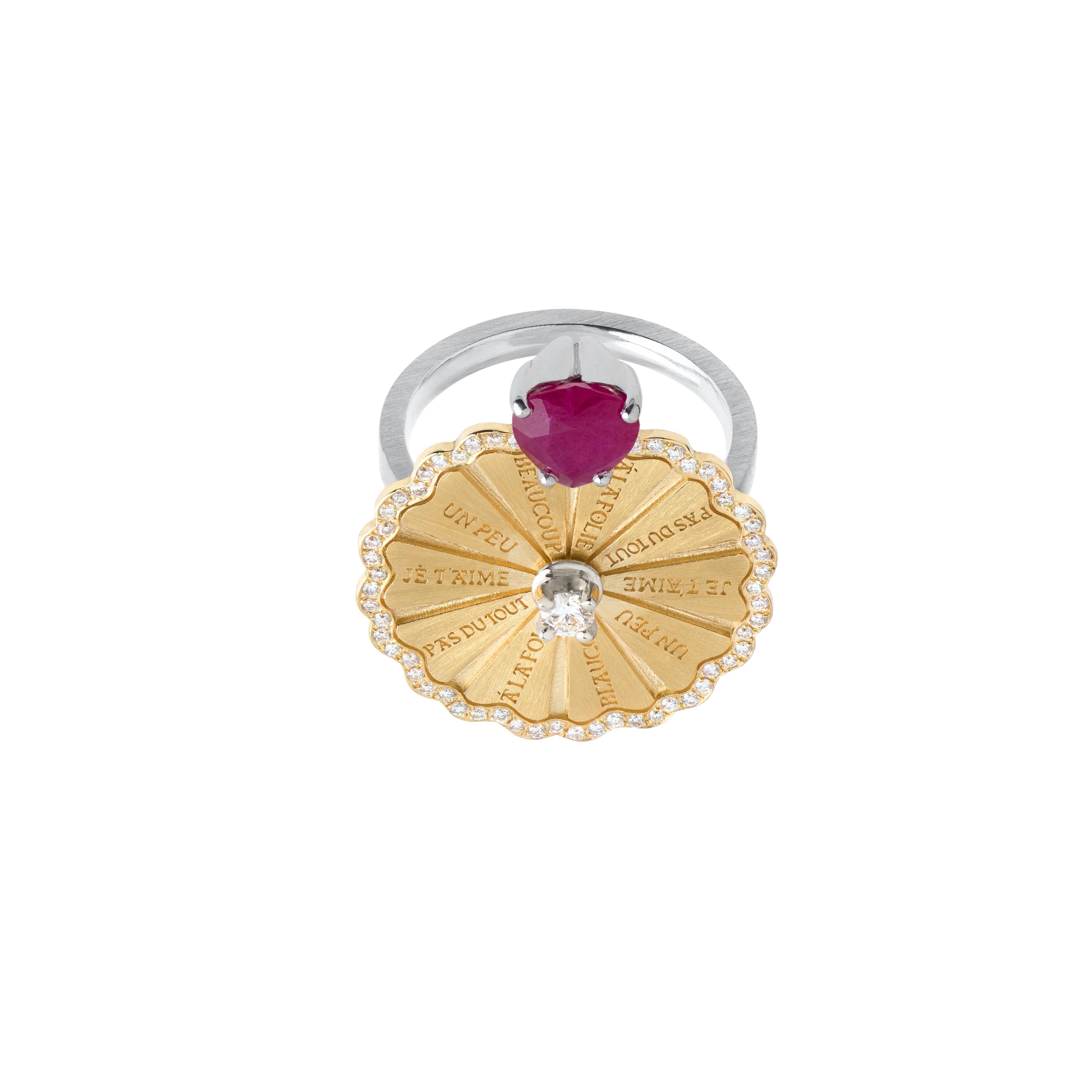 Heart Cut Mozafarian Spinning Marguerite Ring with Ruby Heart For Sale